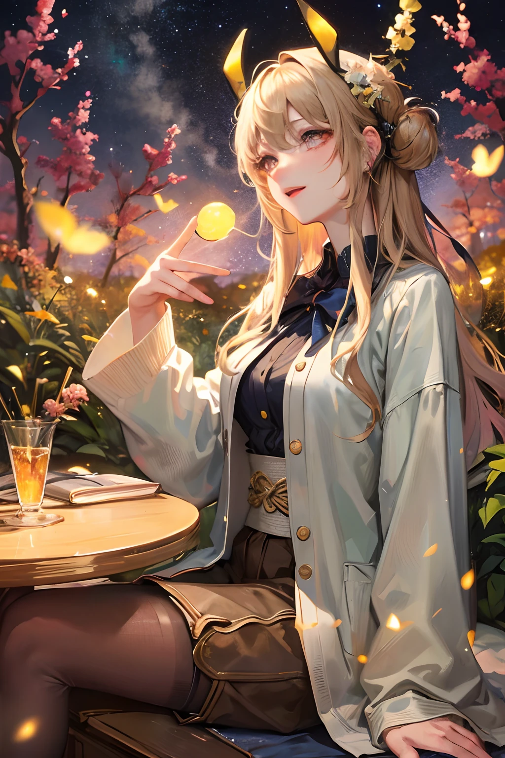 Country nights,The starry sky twinkles,Men and women sit together under large trees,Summer lights and fireflies dance。Two legs