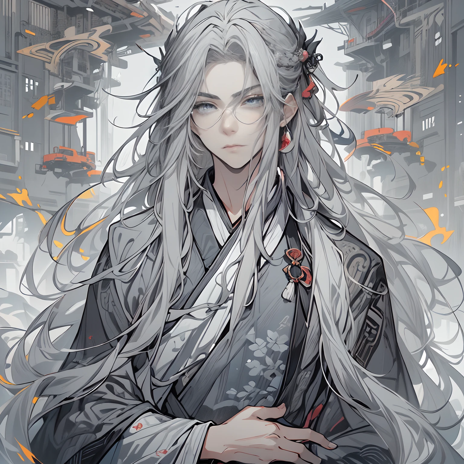 Chinese antique male,fansty world,background inside dark,Clean design,Epic Instagram,art stations,Colorful paint splashes,contours,Hyper-detailed intricate details,unreal-engine,fanciful,Complicated details,splash image,complementary colours,fantasy concept art,8K分辨率,A masterpiece of deviantart,oil painted,Heavy strokes,paint drips,(Isolate on a white background:1.3),Rainbow skins,(((A handsome young))), ((Teenage:1.5)), (glow blue eyes), ((Eyes have light)),((((Long gray hair:1.6))), ((black-clad)), (prinz\\(Indifferent expression\\),, (((Wearing high-detail Hanfu))), Long white hair,Frost magic,((chest muscle)