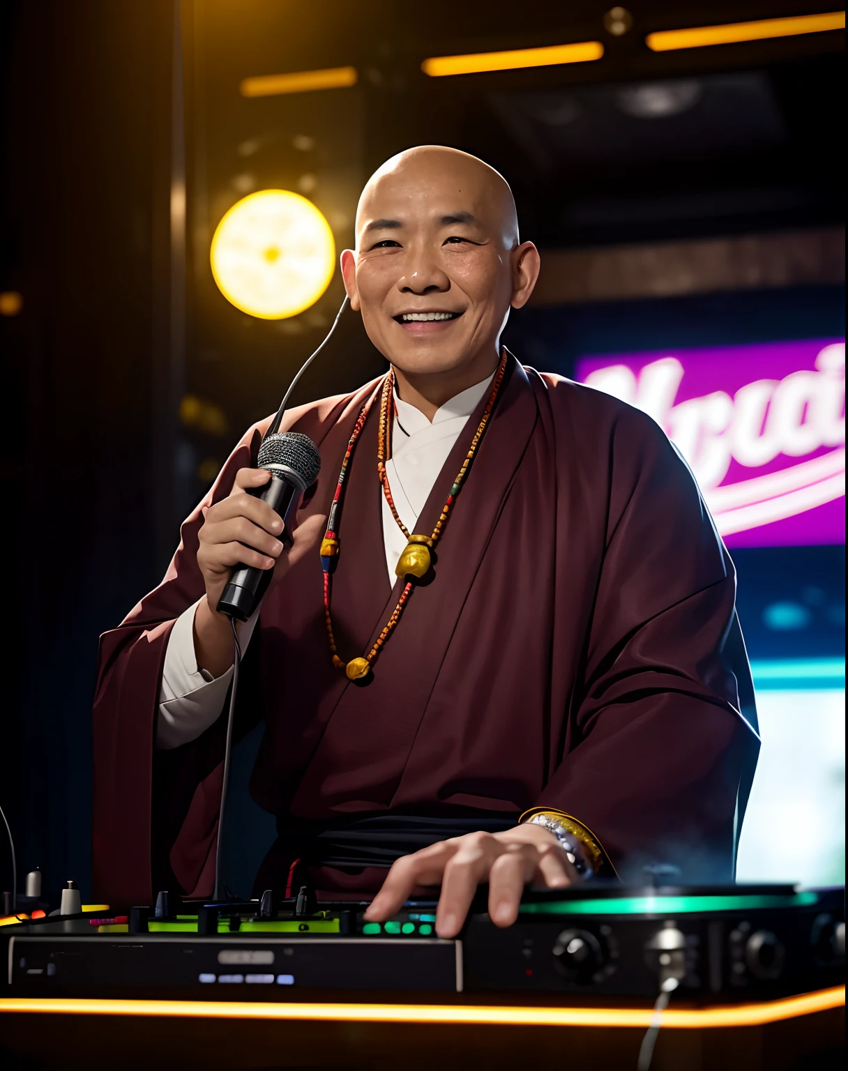 Illustration of Tibetan old fat monk playing DJ.
The monk has a bald head and fat body, old man, 
One was dressed in a black monk's robe，Scene of a monk with a shaved head operating a DJ player in front of a DJ booth. age 55, 
in the background, The neon lights of the nightclub shine.
The monk had a smile on his face, He seems to enjoy himself as a DJ.
People around me were dancing to the monk's DJ.