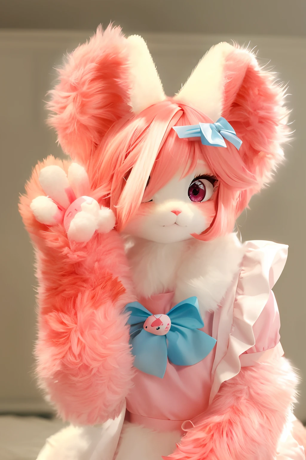 There is a pink and white stuffed toy,There are bows, female furry mini cute style, macro furry, cute fumo plush fox girl, Pink fox, Furry character, kemonomimi, cute fumo plush bunny girl, the bunny has pink fur, fur set, female fursona, fluffy orange skin, fluffy fox ears, furry fursona, fleurfurr