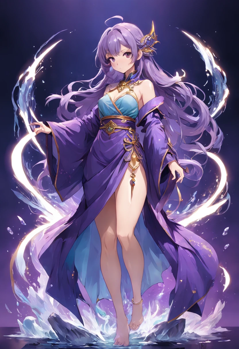 Game character standing drawing design，Full-fledged beauty magician，Gorgeous purple robes wrapped around the entire body，Holding a stout, Ornate staffs set with magical gemstones，Water magic，high-heels，Different layers overlay，Different angles，（full bodyesbian：1.4），solid color backdrop，clean backdrop，depth of fields，high light，Real light，Ray traching，oc rendered，Hyper-realistic，best qualtiy，8K，Works of masters，super-fine，Detailed pubic hair，Correct ???????，