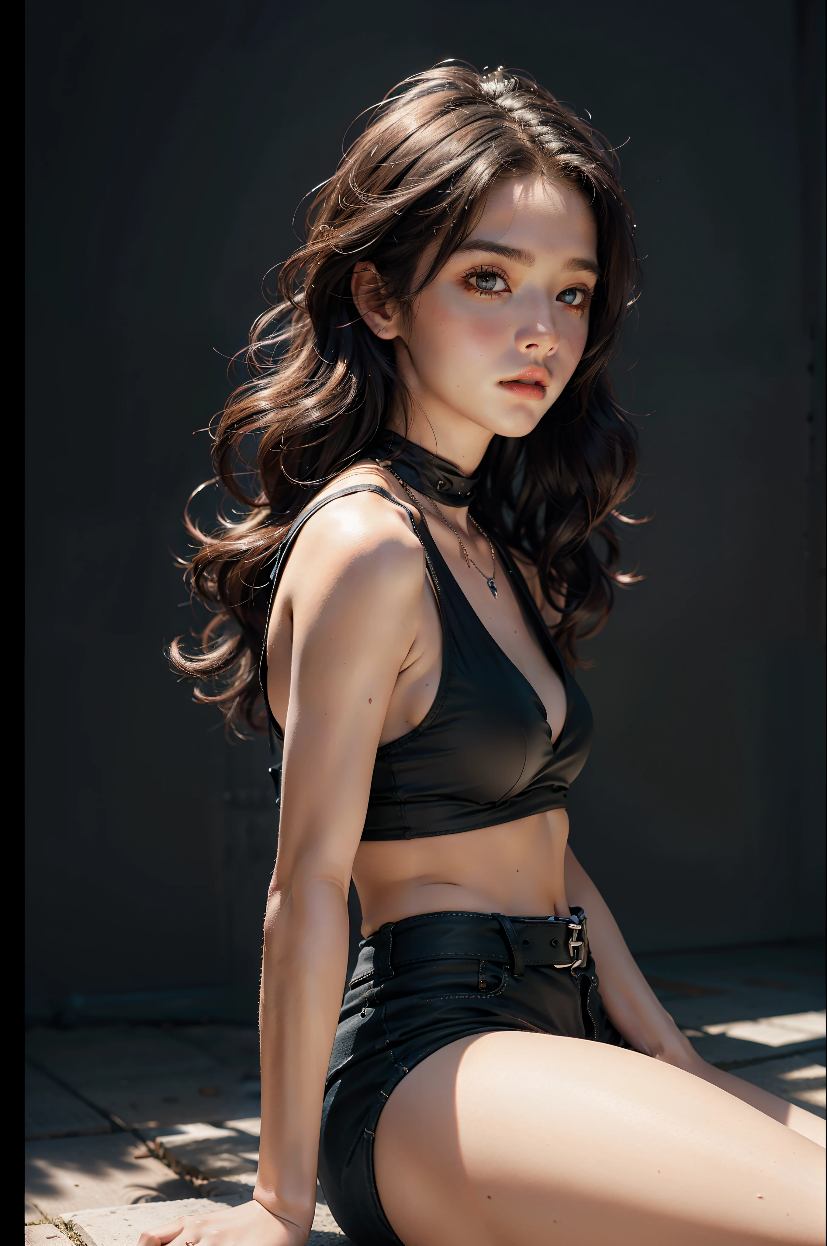 Best quality, masterpiece, ultra high res, (photorealistic:1.4), raw photo, 1girl, waist up, sitting, deep shadow, dark theme