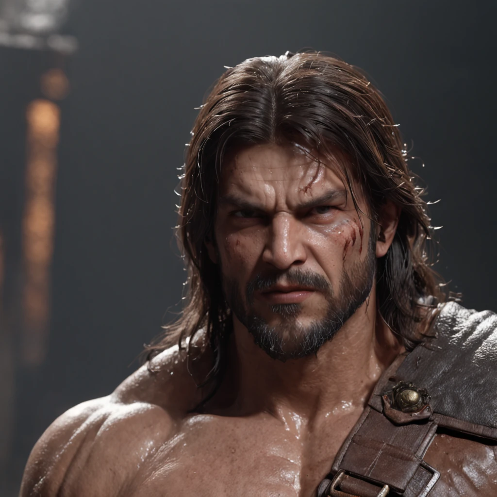 (professional 3d render:1.3) af (Realistic:1.3) most beautiful artwork photo in the world,Features soft and shiny male heroes, ((Epic hero fantasy muscle man rough wet hero angry looking long hair short beard and ferocious expression in dynamic pose, Fantastic location, Majestic cluttered environment)), Full body 8K unified rendering, action shot, skin pore, very dark lighting, heavyshading, Detailed, Detailed face, (vibrant, photograph realistic, Realistic, Dramatic, Dark, Sharp focus, 8K), (Old leather garments damaged by weathering:1.4), ((((Wear fur)))), (Intricate:1.4), decadent, (Highly detailed:1.4), Digital painting, rendering by octane, art stations, concept-art, smooth, Sharp focus, illustration, Art germ, (loish:0.23), wlop ilya kuvshinov, and greg rutkowski and alphonse mucha gracias, (Global illumination, Studio light, volumettic light), heavy rain, particles floating, lotr, fantasy, elf, full bodyesbian, ((Dark and ancient city background:1.3)),CGSesociety,art stations