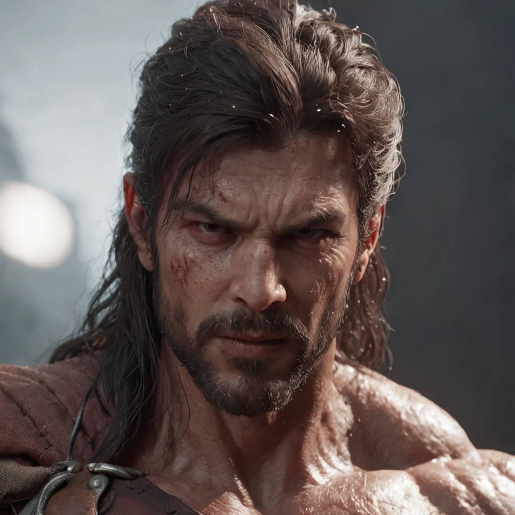 (professional 3d render:1.3) af (Realistic:1.3) most beautiful artwork photo in the world，Features soft and shiny male heroes, ((Epic hero fantasy muscle man rough wet hero angry look long hair short beard and ferocious expression in dynamic pose, Fantastic location, Majestic cluttered environment)), full body 8k unity render, action  shot, skin pore, very dark lighting, heavyshading, Detailed, Detailed face, (vibrant, photograph realistic, Realistic, Dramatic, Dark, Sharp focus, 8K), (Old leather garments damaged by weathering:1.4), ((((Wear fur)))), (Intricate:1.4), decadent, (Highly detailed:1.4), Digital painting, rendering by octane, art  stations, concept-art, smooth, Sharp focus, illustration, Art germ, (loish:0.23), wlop ilya kuvshinov, and greg rutkowski and alphonse mucha gracias, (Global illumination, Studio light, volumettic light), heavy rain, particles floating, lotr, fantasy, elf, full bodyesbian, ((Dark and ancient city background:1.3)),CGSesociety,art  stations