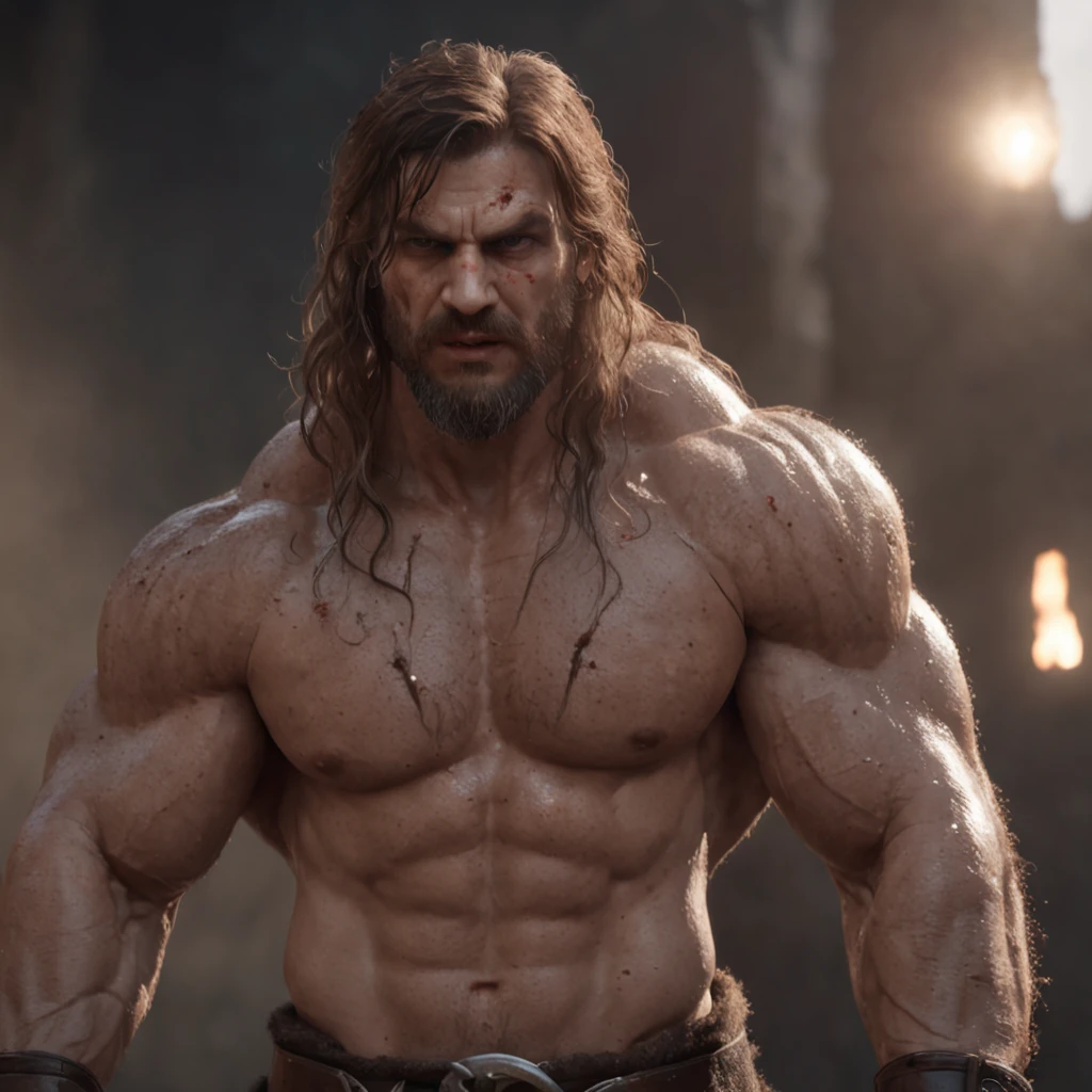 (professional 3d render:1.3) af (Realistic:1.3) most beautiful artwork photo in the world,Features soft and shiny male heroes, ((Epic hero fantasy muscle man rough wet hero angry looking long hair short beard and ferocious expression in dynamic pose, Fantastic location, Majestic cluttered environment)), Full body 8K unified rendering, action shot, skin pore, very dark lighting, heavyshading, Detailed, Detailed face, (vibrant, photograph realistic, Realistic, Dramatic, Dark, Sharp focus, 8K), (Old leather garments damaged by weathering:1.4), ((((Wear fur)))), (Intricate:1.4), decadent, (Highly detailed:1.4), Digital painting, rendering by octane, art stations, concept-art, smooth, Sharp focus, illustration, Art germ, (loish:0.23), wlop ilya kuvshinov, and greg rutkowski and alphonse mucha gracias, (Global illumination, Studio light, volumettic light), heavy rain, particles floating, lotr, fantasy, elf, full bodyesbian, ((Dark and ancient city background:1.3)),CGSesociety,art stations