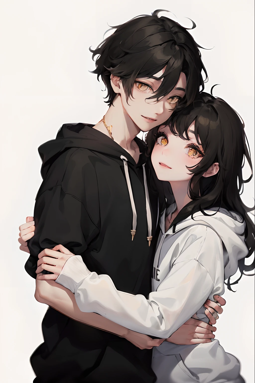 1woman, ((long white wavy hair)), swept bangs, ((golden eyes)), smile, modern clothes, hugging a ((boy with short messy black hair and black simple hoodie))