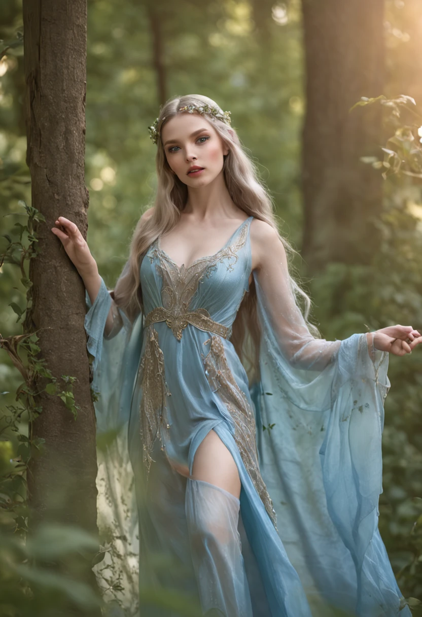 "Fairies，fantasy，exquisitedetails，Brilliant light and shadow，Fantastic picture quality，Bright colors，Soft lighting，A gorgeous and solemn elven woman，Long flowing hair，Bright and pure eyes，Dressed in beautiful costumes，Delicate as a ribbon，Graceful posture，It's like stepping on an ink painting，In the background is the blue of the firmament，Flowers and graceful trees dot the mountains，Dance in the soft breeze。"