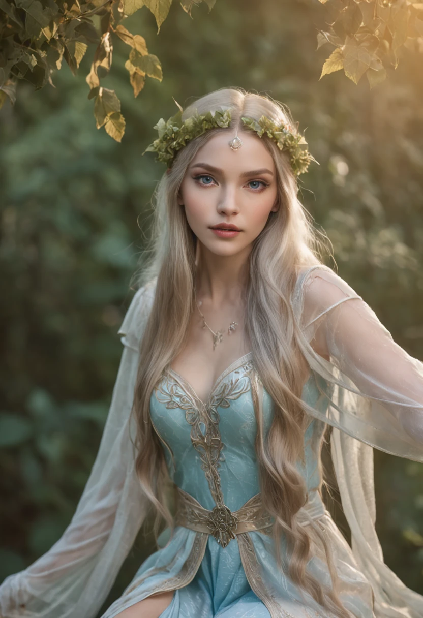 isxmerced dressed as an elf, captivates with her ethereal beauty, Her blond hair cascades in soft waves down to her waist, shimmering in the forest light, Her deep, captivating blue eyes reflect the serenity of the natural surroundings, Pointed ears delicately peek through her hair, testament to her elven lineage, Her attire, woven from natural fabrics, is adorned with leaf and flower motifs, harmoniously blending with the surrounding vegetation, The elf Angie moves gracefully among the trees, her slender and elegant figure in perfect harmony with the magic of the forest that envelops her,