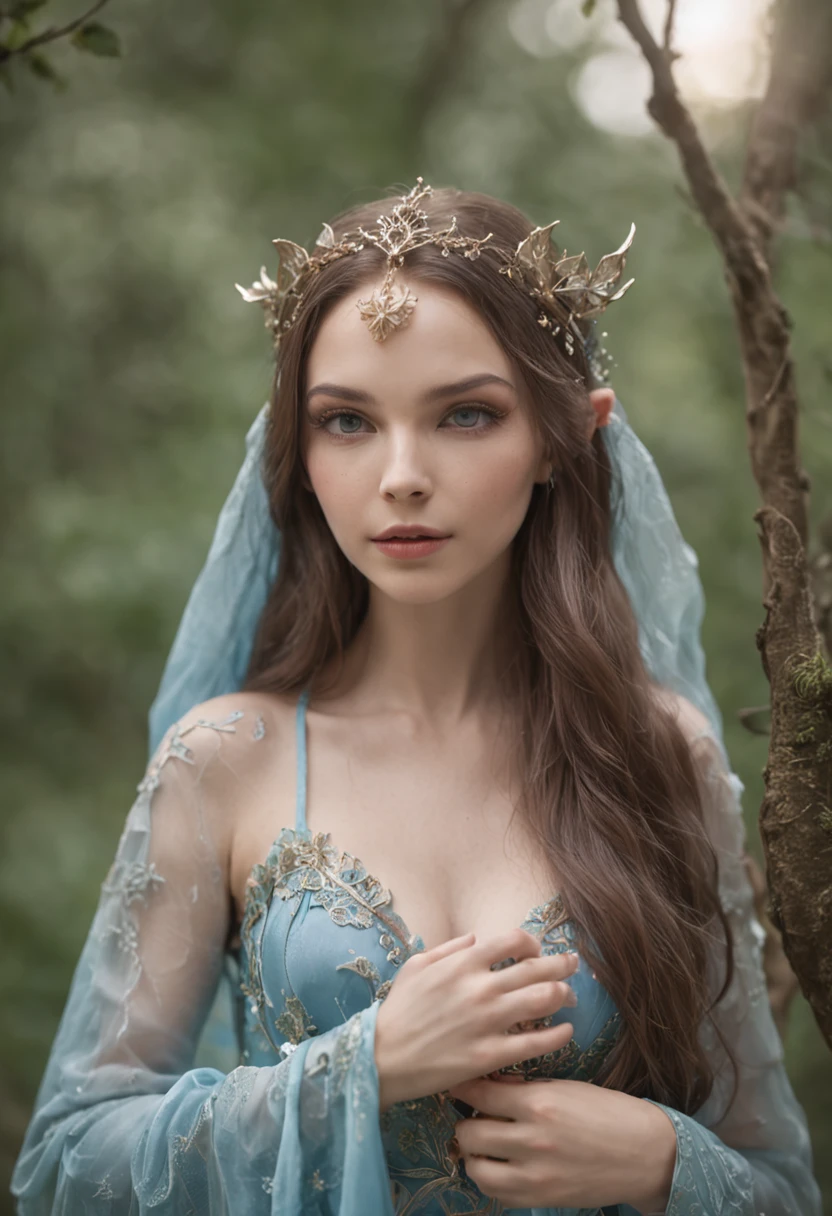 "Fairies，fantasy，exquisitedetails，Brilliant light and shadow，Fantastic picture quality，Bright colors，Soft lighting，A gorgeous and solemn elven woman，Long flowing hair，Bright and pure eyes，Dressed in beautiful costumes，Delicate as a ribbon，Graceful posture，It's like stepping on an ink painting，In the background is the blue of the firmament，Flowers and graceful trees dot the mountains，Dance in the soft breeze。"