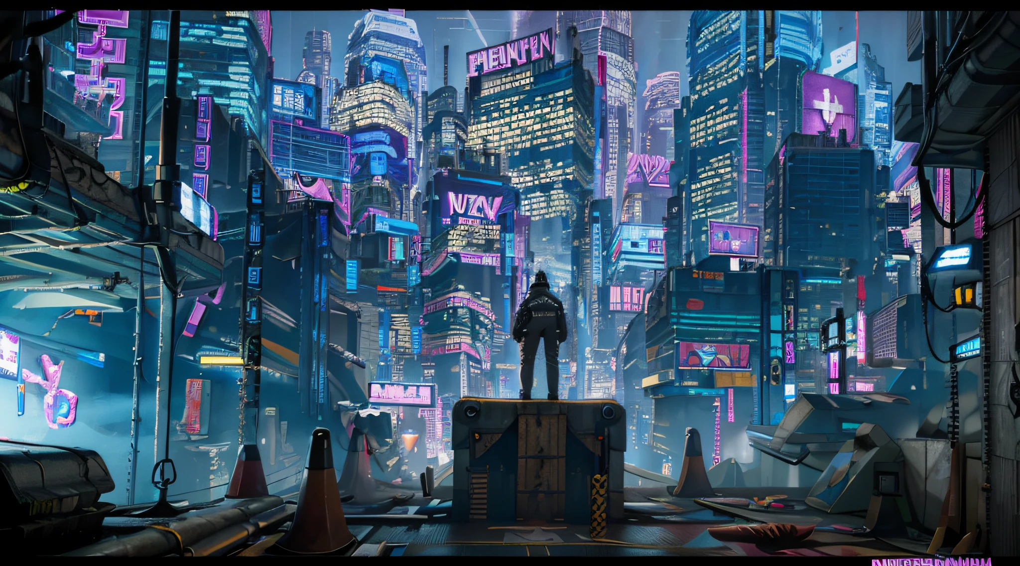 Cyberpunk city, a male on top of a roof, over looking the city, smoking, wearing a clear glossy latex jacket, neon lights, 4k, advertising, run down,