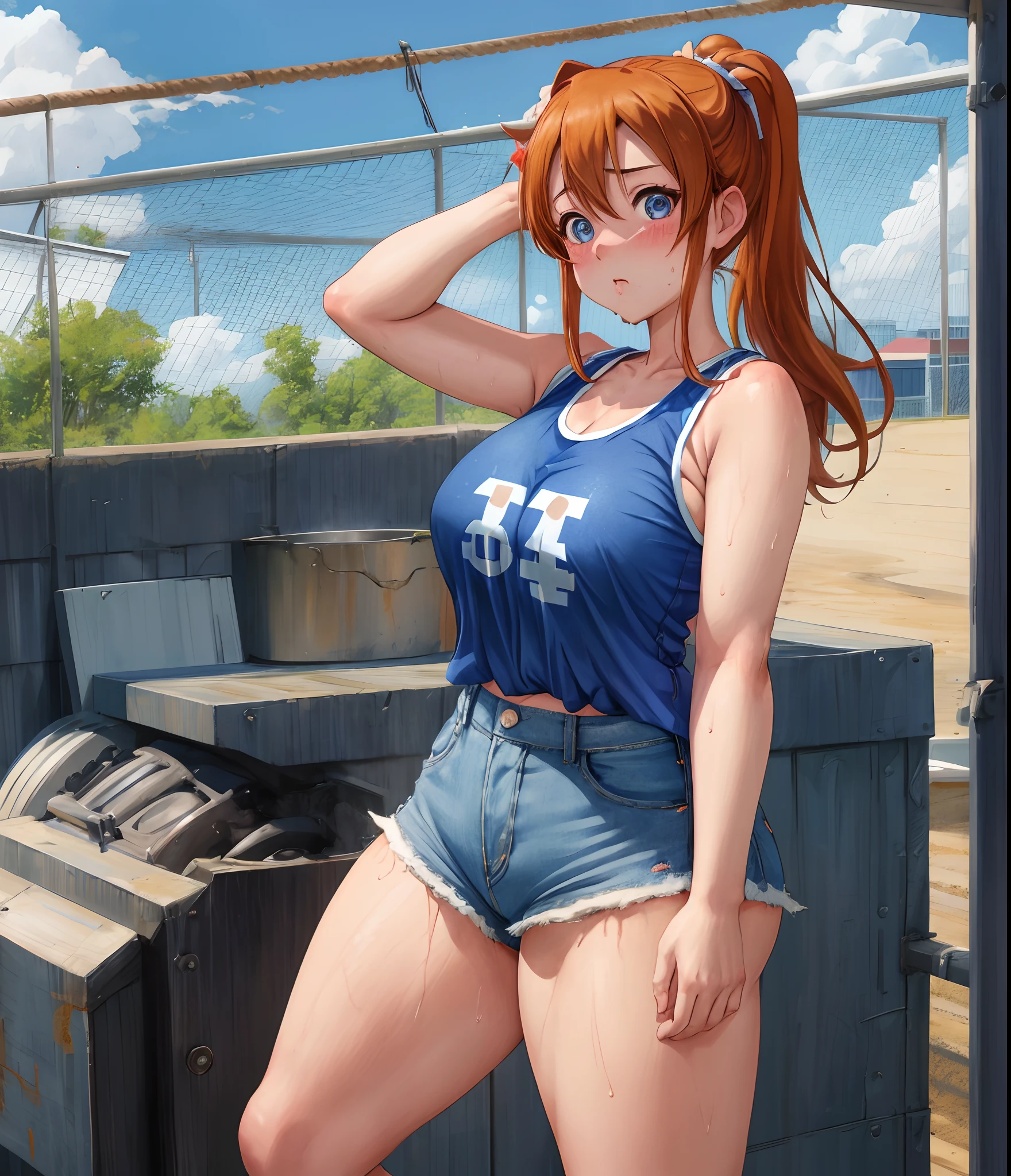 Kousaka honoka, blue eyes, short denim short, football tank top, solo, standing, (pov from below:0.768), sweating, solo,(cowboy shot) , thicc thighs, curvy body, llchar