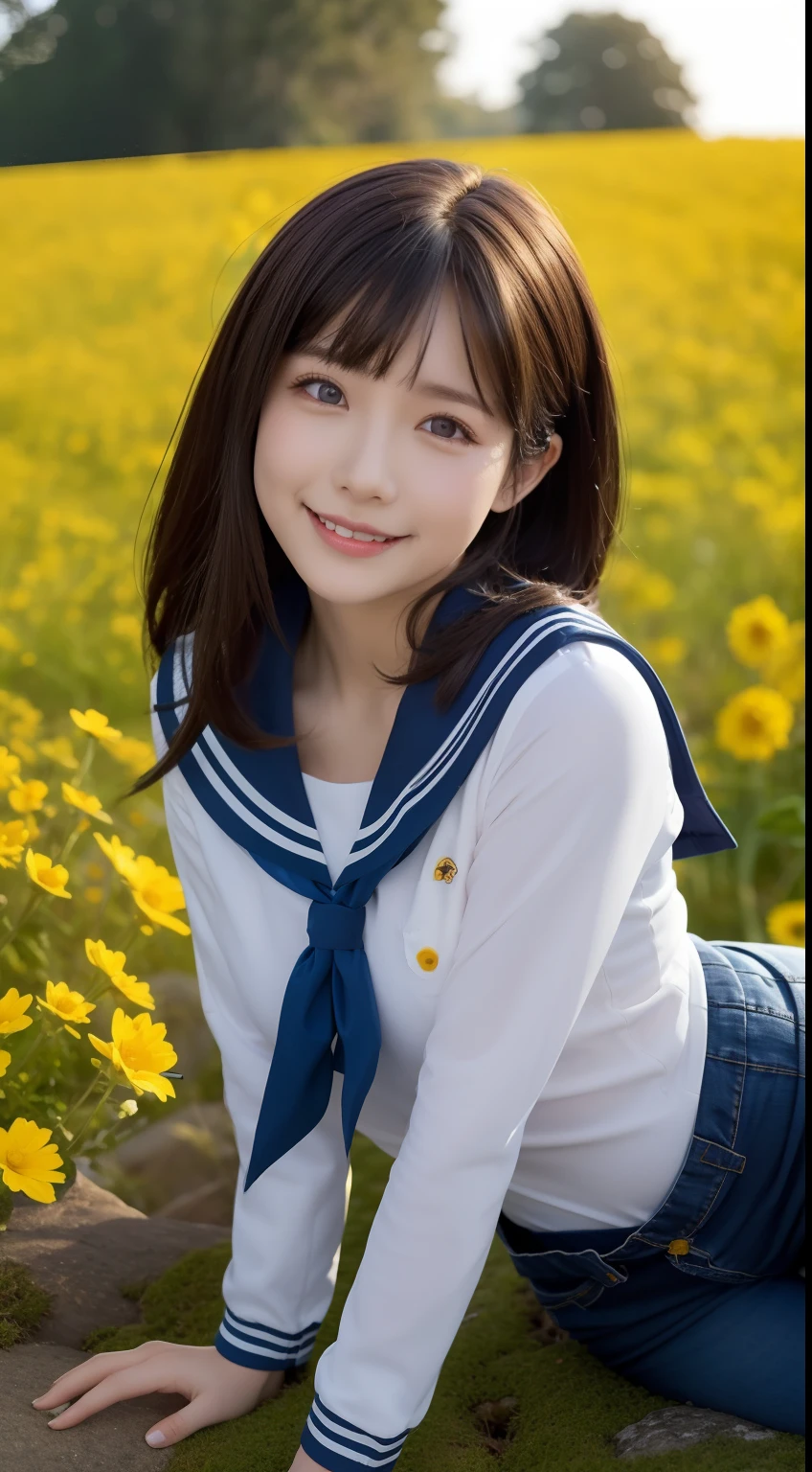 (Highly detailed CG Unity 8K wallpapers), (​masterpiece), (top-quality), (ultra-detailliert), (Best Shadows), (Photorealsitic:1.6), Real Human Skin, Lens Flare, Back lighting, bloom, depth of fields, natural soft light, Hard Focus, Film grain, Watch your audience, Cute AKB:1.2, a park、canola flower, ((hugging own legs))、(Triangular sitting)、独奏, skiny, Thin skin, Soft lips, (Thin eyebrows: 1.4)、thighs thighs thighs thighs、white  panties、shiny brown eyes、Black straight hair、tiny chest、Beautiful detailed sky、beatiful detailed eyes、a sailor suit、Happiness、A smile