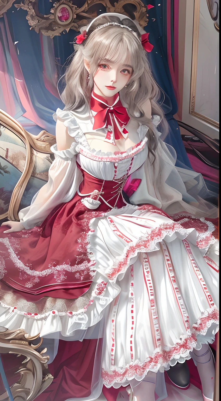 The appearance is very attractive, Wear a pair of ruby pantyhose，Wearing a ruby red and white Lolita dress，Fair and delicate skin，The eyes are a pair of clear and bright sapphire blues，The hair is ruby red，waist-high，The whole person exudes a fresh and lovely atmosphere，16 yaers old，Extremely realistic