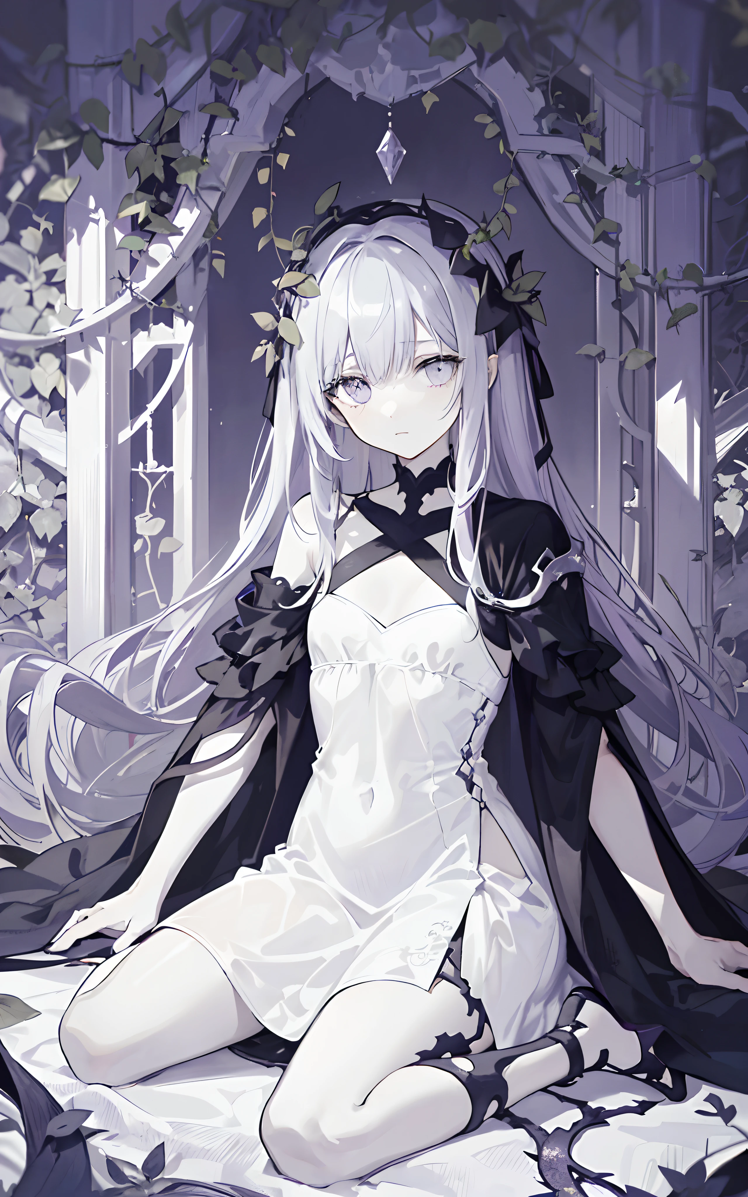 ((masterpiece:1.4, best quality))+, (ultra detailed)+,(ultra detailed eyes)+,
(cute 1girl),,(violet eyes:1.15),silver hair, very long hair,(wariza:1.2),pale skin,closed mouth,sad,
(She is dressed in a gown made of intertwining vines:1.5),(flat chest:1.2),(vines dress:1.4),(dress made of vines:1.2),(surrounded by vines:1.4),
(despair:1.3),gothic,
(dark yellow vines:1.3),leaves,(vines tree:1.1),
(dawn light:1.2),violet,
(heavy Monochrome:1.16),(depth of field:1.4),