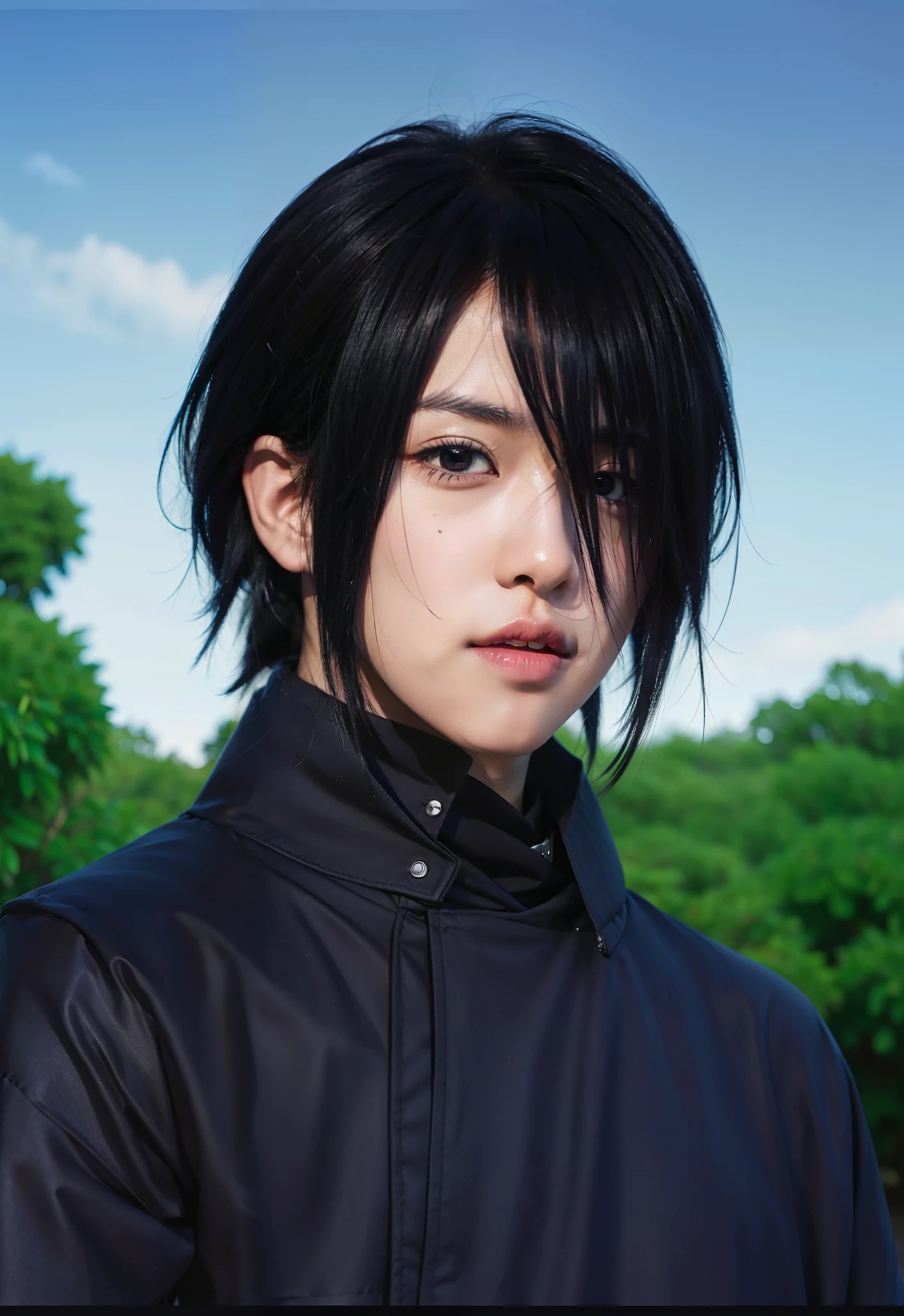 real Life adaption of this character,his name is Sasuke uchiha from anime naruto ,hyper realistic ,detailed black hair, high resolution, photorealistic,very detailed,realistic outfit Black robe ,korean handsome face with Thin and small lips,detailed shining eyes, His face was expressionless