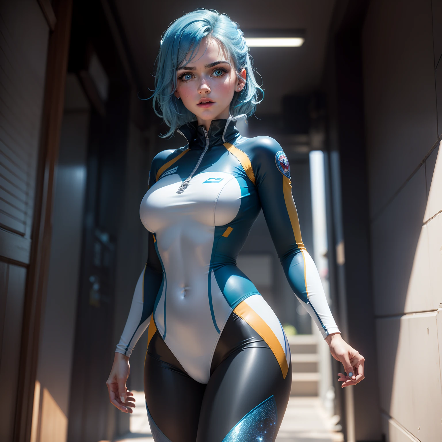 (Super elaborate CG Unity 8K wallpaper, masterpiece, highest quality): (Solo girl, solo, Japan face, 1 girl, sparkly blue colored eyes, blue hair, white and blue color flight suit, tight fit clothes, clothes that cover the whole body, beauty, gentle expression)