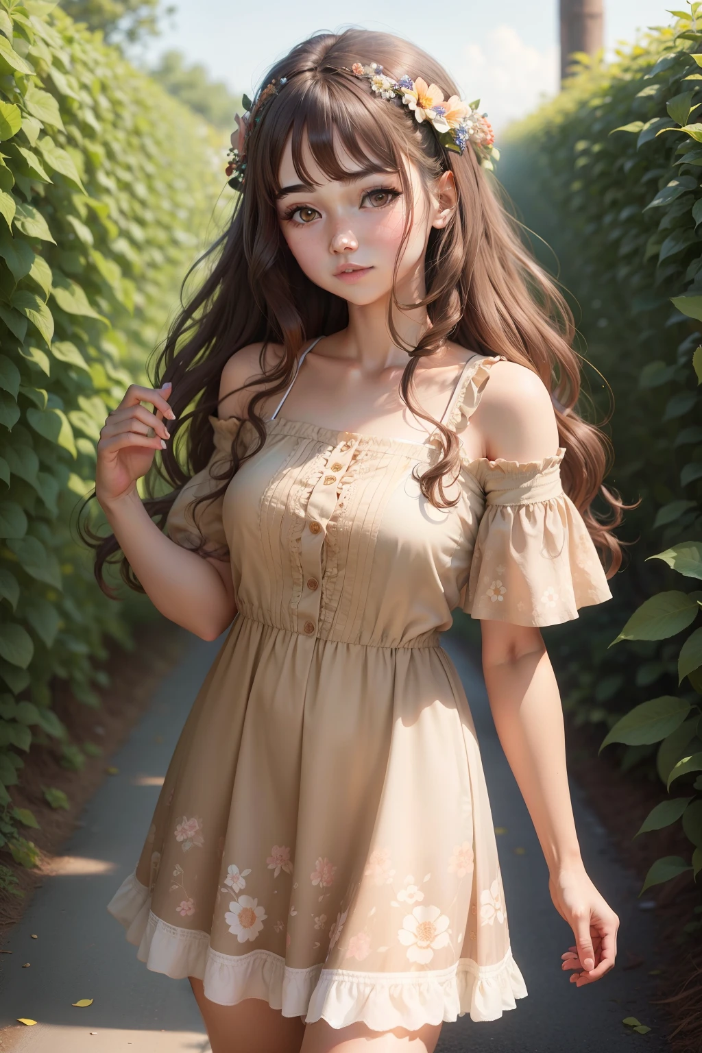 a beautiful girl with brown wavy hair in short flower dress