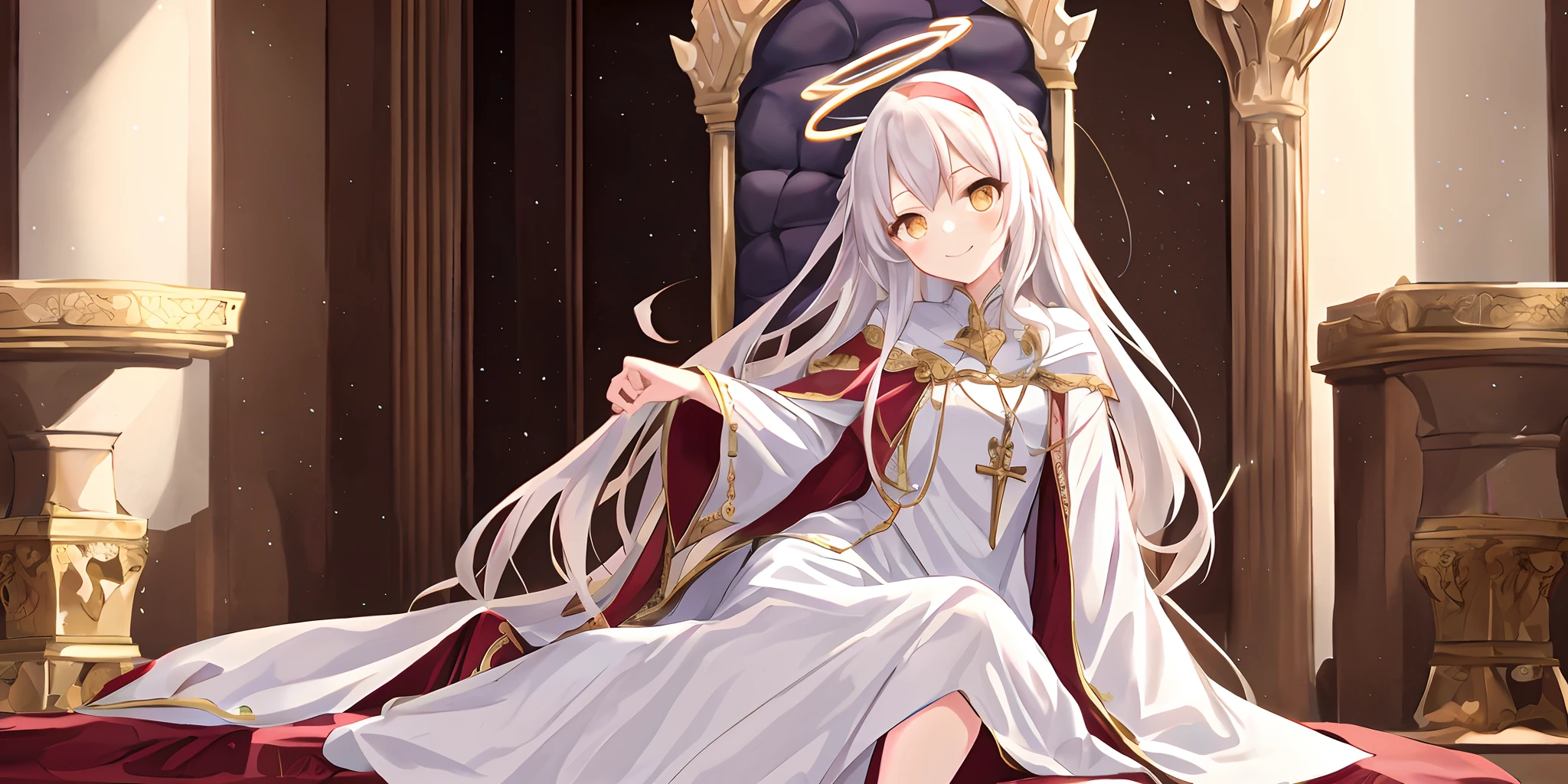 Pope full body,one-girl,Poor milk,On the scepter,Lie down in bed(long white robe,The pattern is complex))red shawl,(cute anime face),Gold eyes,long white hair,ssmile,The halo,(Sit on a low throne),In a magnificent castle,ultraclear