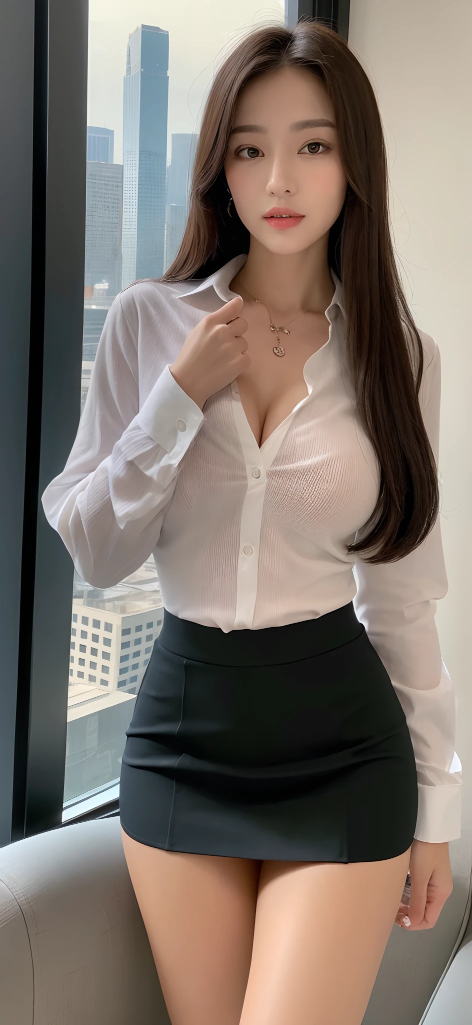 (Best Quality, 8K, Masterpiece, Ultra HD: 1.3), (K-Pop Idol: 1.6), 1 Pretty Girl, (Big Breasts: 1.2), (Long Hair), Abs, Perfect Figure, Ultra Fine Face, Delicate Lips, Beautiful Eyes, Double Eyelids, fine hands, Super fine finger, office wear, white tight shirt, Short tight skirt (Sultry) ((Aroused: 1.5)), night city view to window , Detailed , open shirt show, luxury office manager,