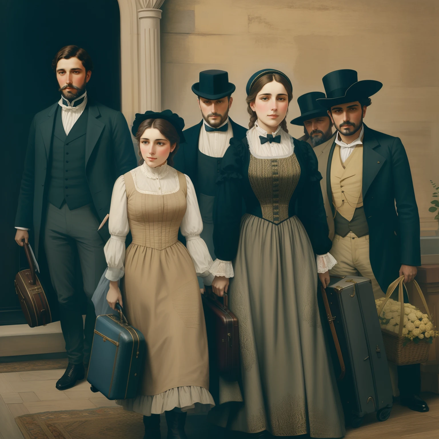 There is a group of people standing along with the luggage, inspirado em Jules Bastien-Lepage, inspirado em Francesco Hayez, inspired by Théodore Chassériau, inspirado em Silvestro Lega, mourning family, Era vitoriana, inspirado em Georges Stein, Victorian era, inspirado em Jules Breton, inspirado em Jean-Louis-Ernest Meissonier
