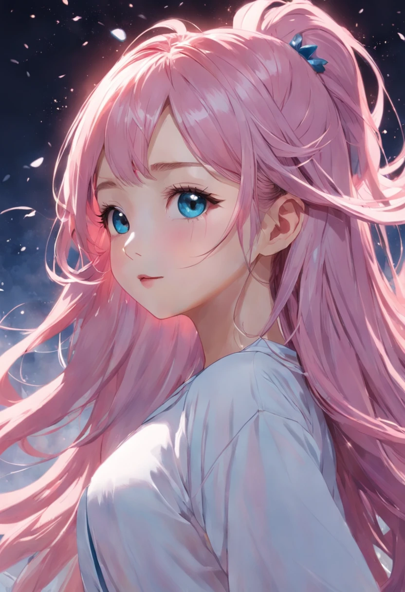 Official fine art，tmasterpiece，Sharp focus，（Beautiful gorgeous lovely Korean women：1.3），（beautiful lovely Korean people：1.3），South Korean beauties，Delicate and beautiful hair and eyes and face，realisticlying，ultra - detailed，a beauty girl，blue-sky，Glowing white particles,(side-lighting:1.2),rays of sunshine,baiyun,Detailed clouds,Slender,Cute big breasts and big buttocks,Toothy laughter,((Laugh and open your eyes)),scenecy,Long straight hair, sexy facial expression, buliding, (Cityscape:1.7), Dynamic hair, Long straight hair, Delicate platinum-pink hair, glow blue eyes, (blue pleated shirt+white  skirt), Long white socks, paleskin, hair adornments, Lie down in bed,