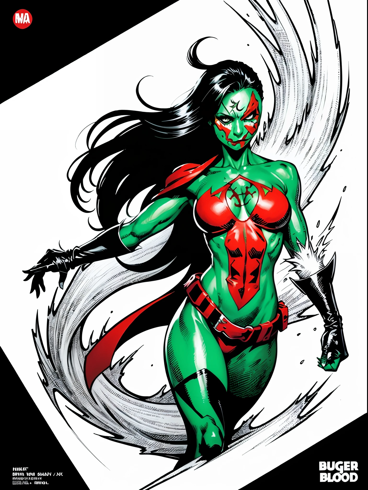 green poison and red blood ink, created the amazing form of the Image Comics character, ((Female Spawn)). Sketch, Manga Sketch, Pencil drawing, Black and White, Manga, Manga style, Low detail, Line art, vector art, by bugmAIster