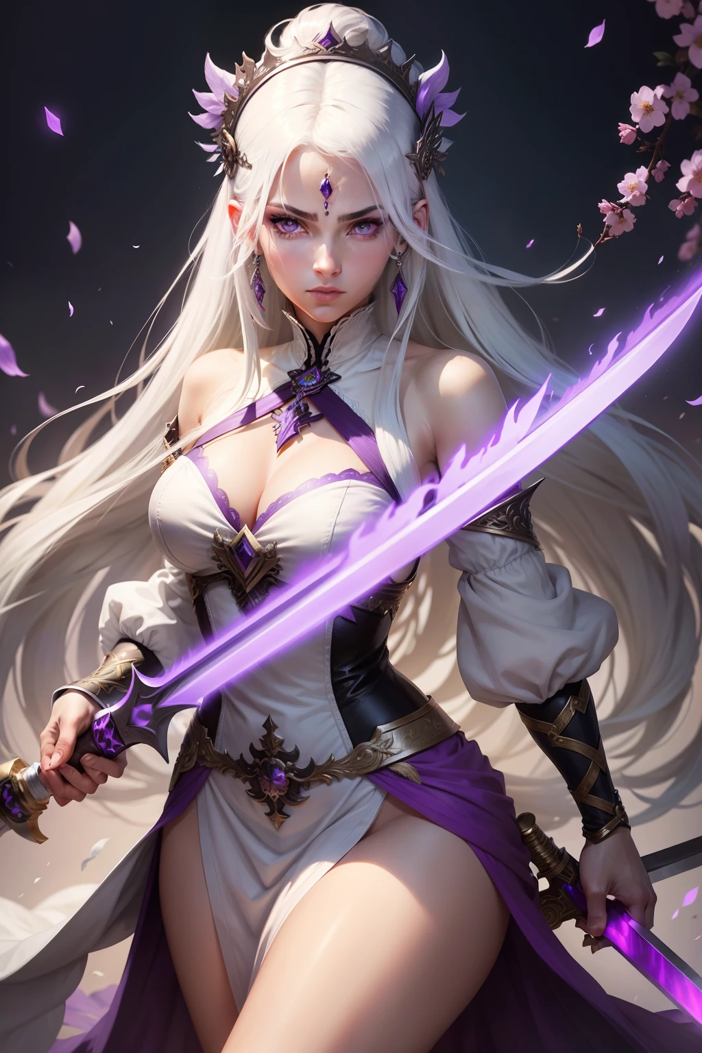 Goddess with white hair and purple eyes holding a sword