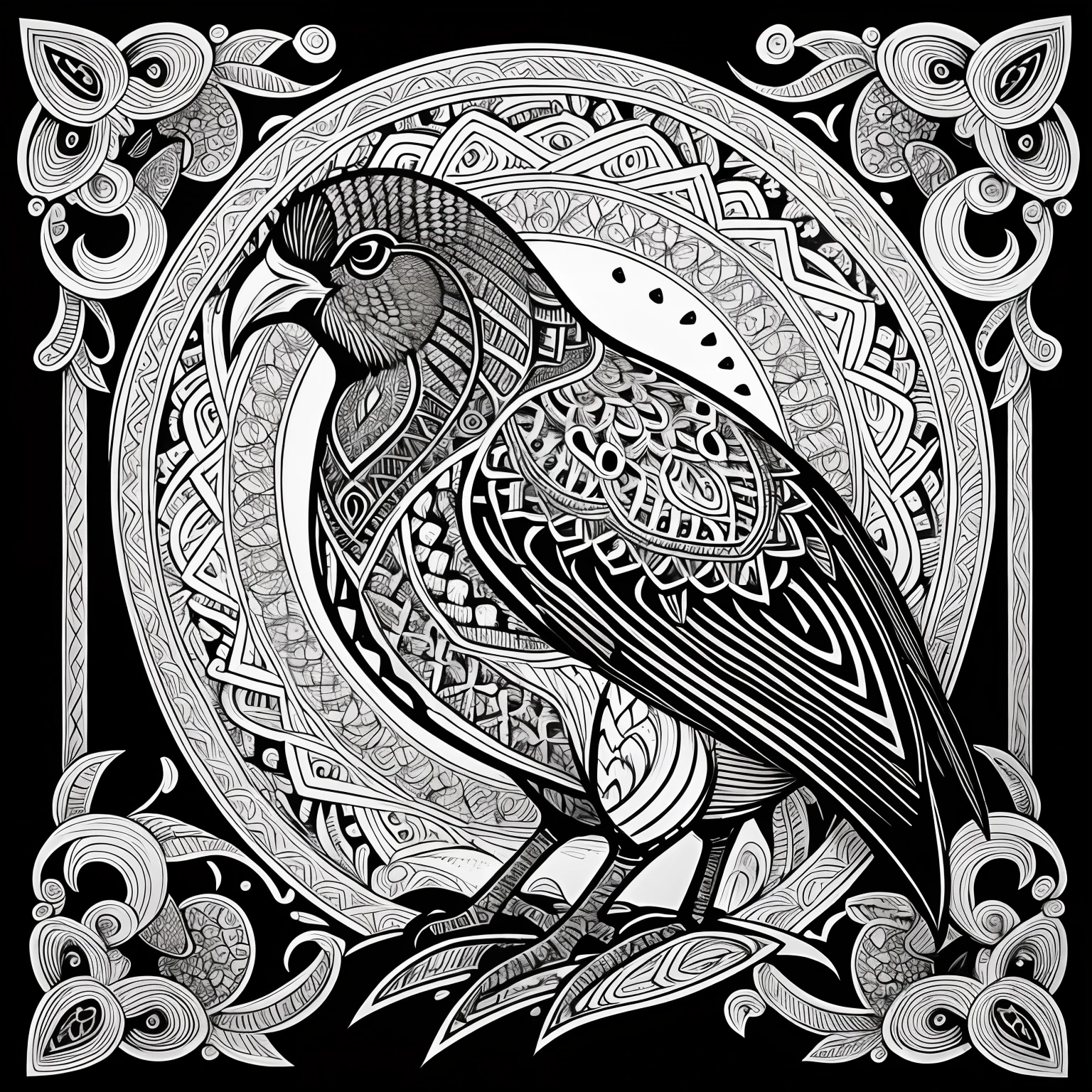 kiwi bird, black and white, zentangle (best quality) ultra-detailed, fine line drawing, fine line art, coloring book illustration style, intricate linework, highly detailed illustration, perfect composition, beautiful and stunning, dynamic angle, high contrast, incredible shading, incredible detail, unique style, black and white details, (dark and mystical atmosphere), intricate and detailed nature elements.