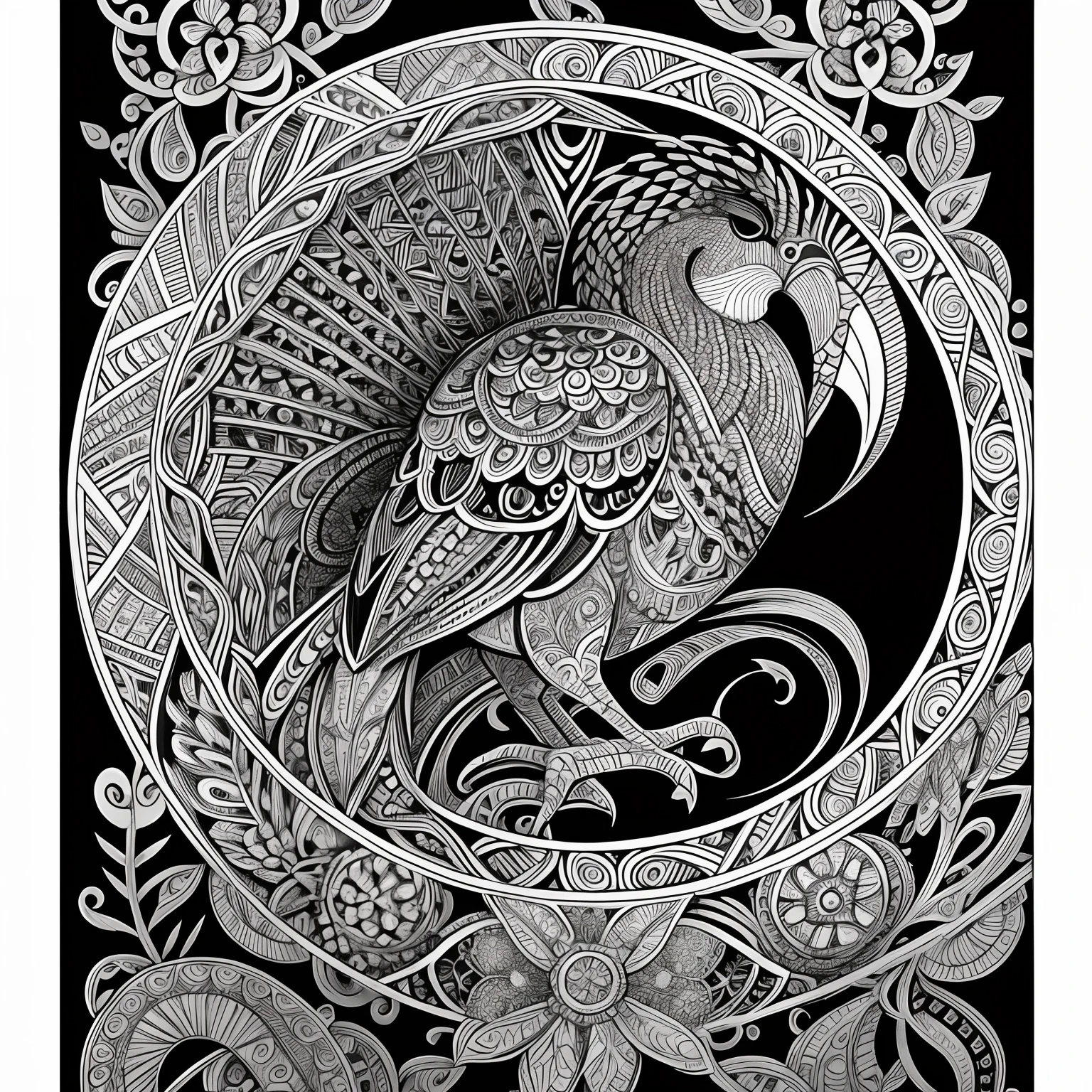 kiwi bird, black and white, zentangle (best quality) ultra-detailed, fine line drawing, fine line art, coloring book illustration style, intricate linework, highly detailed illustration, perfect composition, beautiful and stunning, dynamic angle, high contrast, incredible shading, incredible detail, unique style, black and white details, (dark and mystical atmosphere), intricate and detailed nature elements.