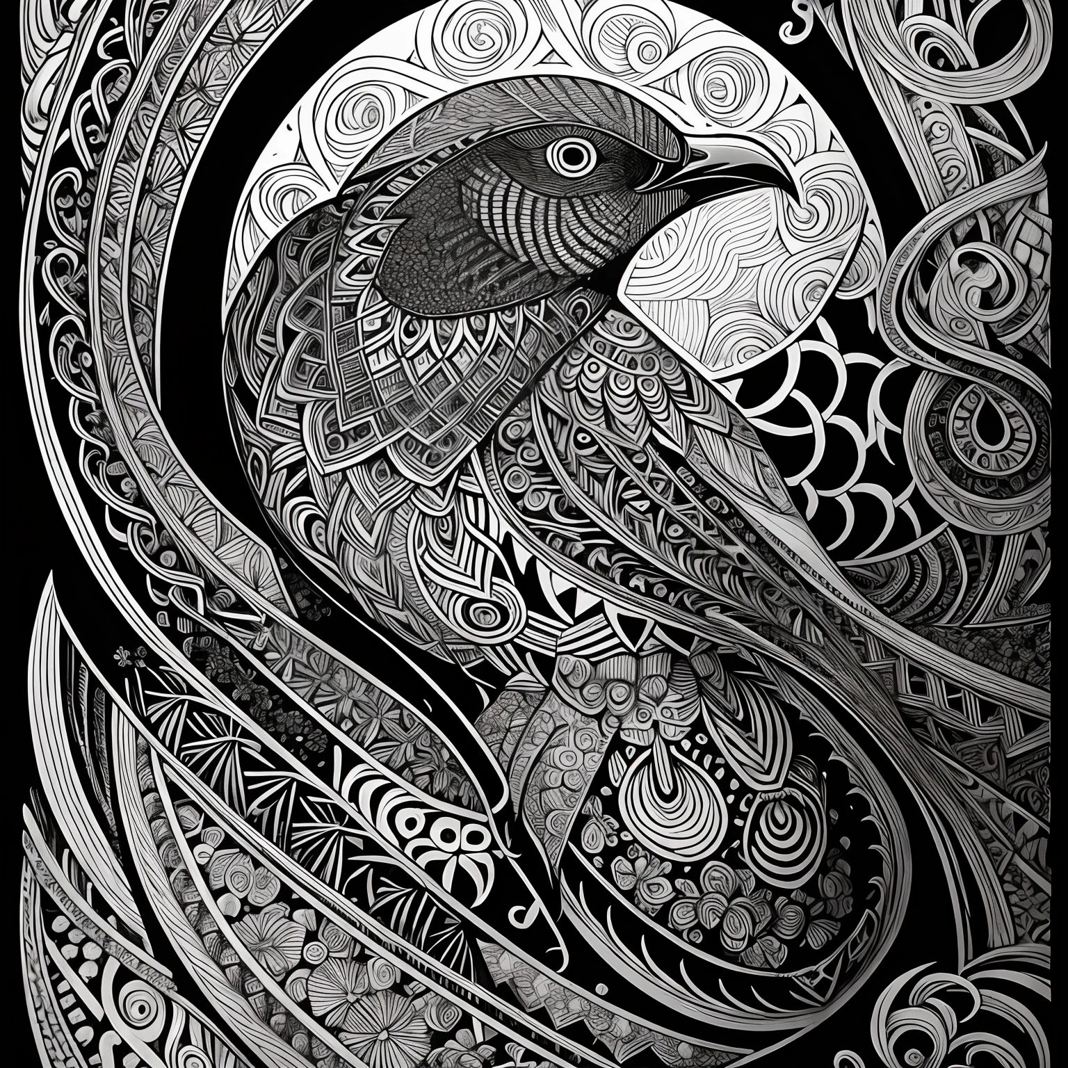 kiwi bird, black and white, zentangle (best quality) ultra-detailed, fine line drawing, fine line art, coloring book illustration style, intricate linework, highly detailed illustration, perfect composition, beautiful and stunning, dynamic angle, high contrast, incredible shading, incredible detail, unique style, black and white details, (dark and mystical atmosphere), intricate and detailed nature elements.