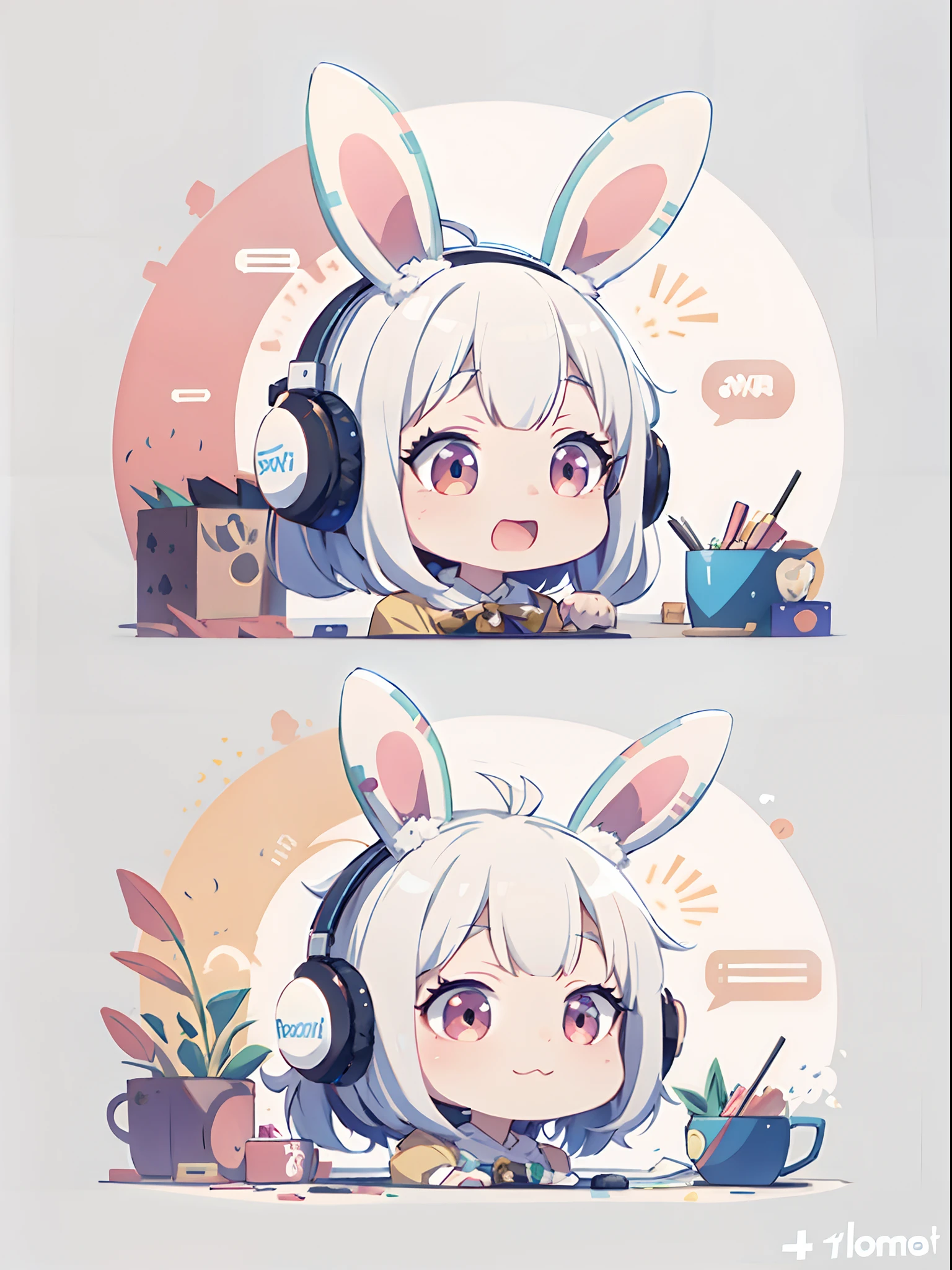 Anime characters sitting on tables，Wear headphones and ears, style of anime4 K, Anime style. 8K, lovely art style, Loli, Anime art style, ig studios anime style, Splash art anime Loli, Anime art wallpaper 8 K, Anime moe art style, clean artstyle, Stylized anime, Digital anime illustration, anime ears，9 emoticons，