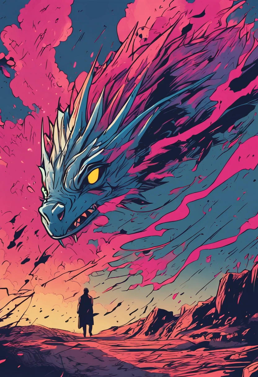 vibrant draco meteors raining to the ground in a hellish haze. (drawn in an anime style 1:2).