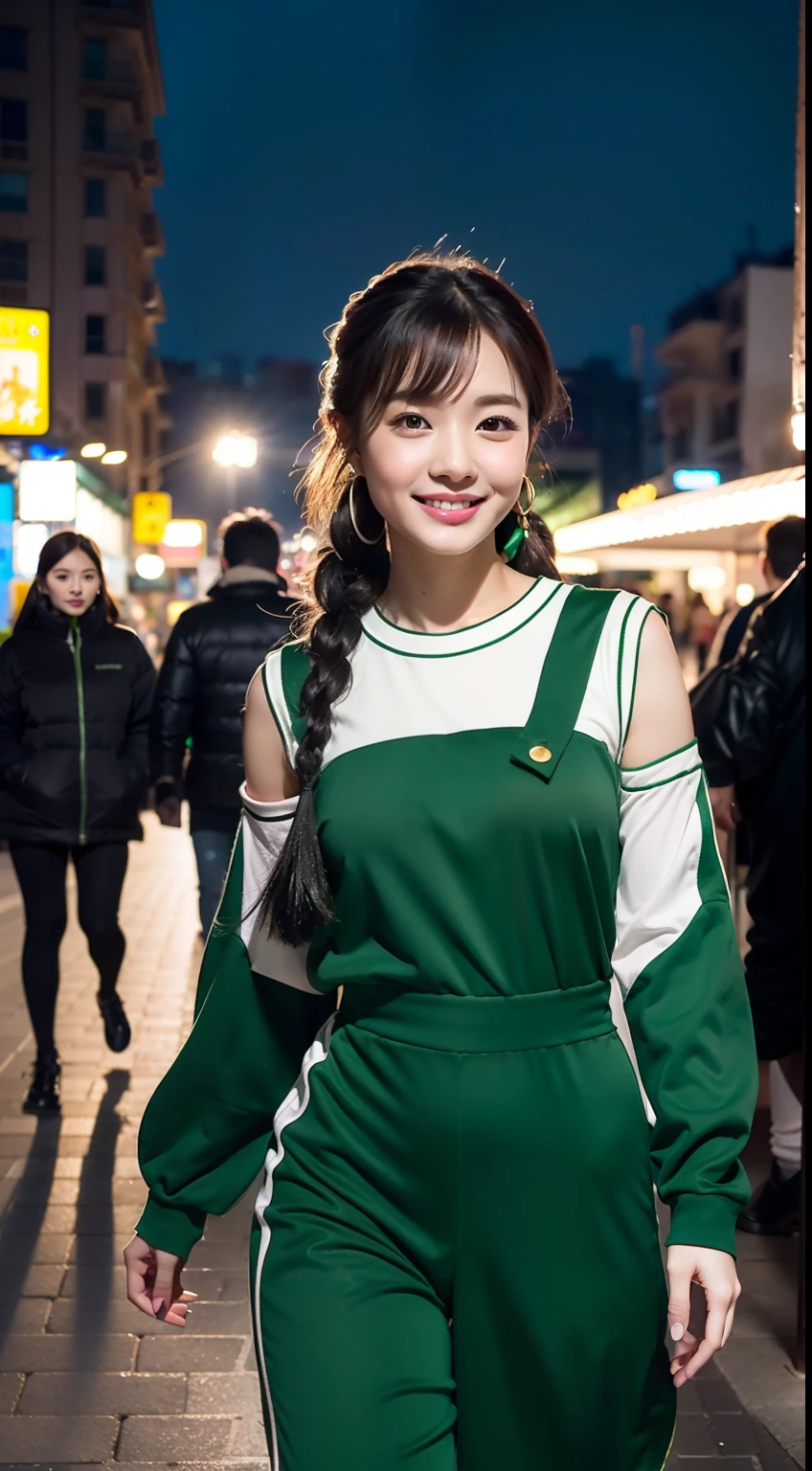 (8K分辨率,Photo above the thigh,Sideways close-up photo),(1womanl,20yr old,((Facial features of Thai Min:1.8,s delicate face,详细的脸),(Long ponytail hair or double braids),Slender scattered bangs,adorable smile,A small tiger tooth is exposed),Fair smooth skin,(Best Skin Type:1.21),captivating curves,((Manteau:Off-the-shoulder crewneck jumpsuit,green color,Openwork mesh),(Inner wear:Black suspender underwear)),Elongated earrings,With a petite figure,(Cute movements are made in the middle of the city,Naturally placed hands),delicate artwork,perfect hand,Ultra-fine clothing material),(The city's noisy pedestrian street,Night background,Deep view,Exquisite environmental details),(Professional lighting,动态照明),((The color is uniform,(green color,black in color))),(Golden section,Cinema lenses,Hasselblad photograp,tmasterpiece:1.3),(The art of culture,fashion art,trendsetting,Artis,Art platform)