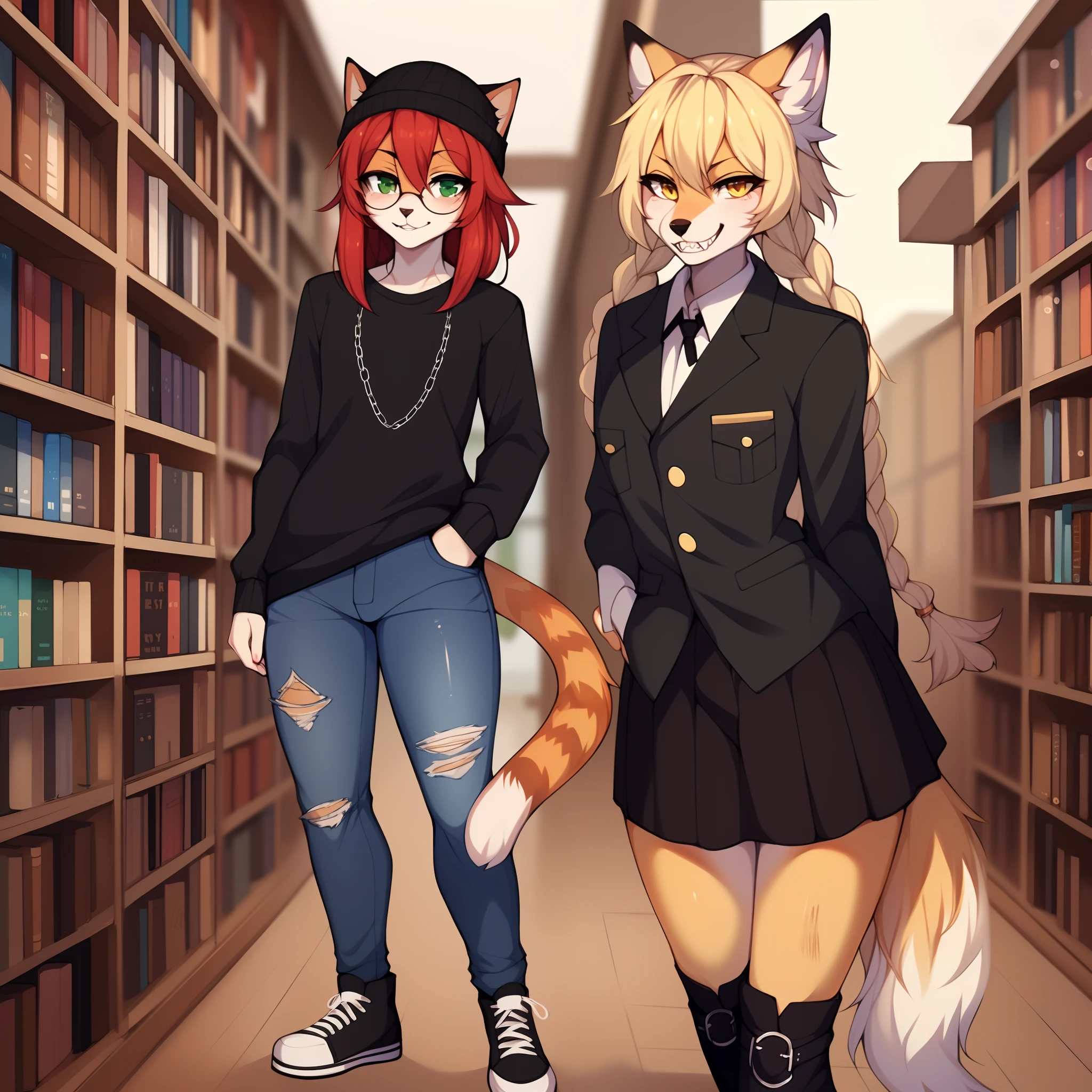 By fumiko, by hyattlen, by claweddrip, a cute tan furry fox girl, blonde French braided hair, tan fox tail, tan and black fox ears, yellow eyes, black nose, cute snout, grinning, sharp canine teeth, angry eyes, white button up shirt, black tie, black skirt, combat boots