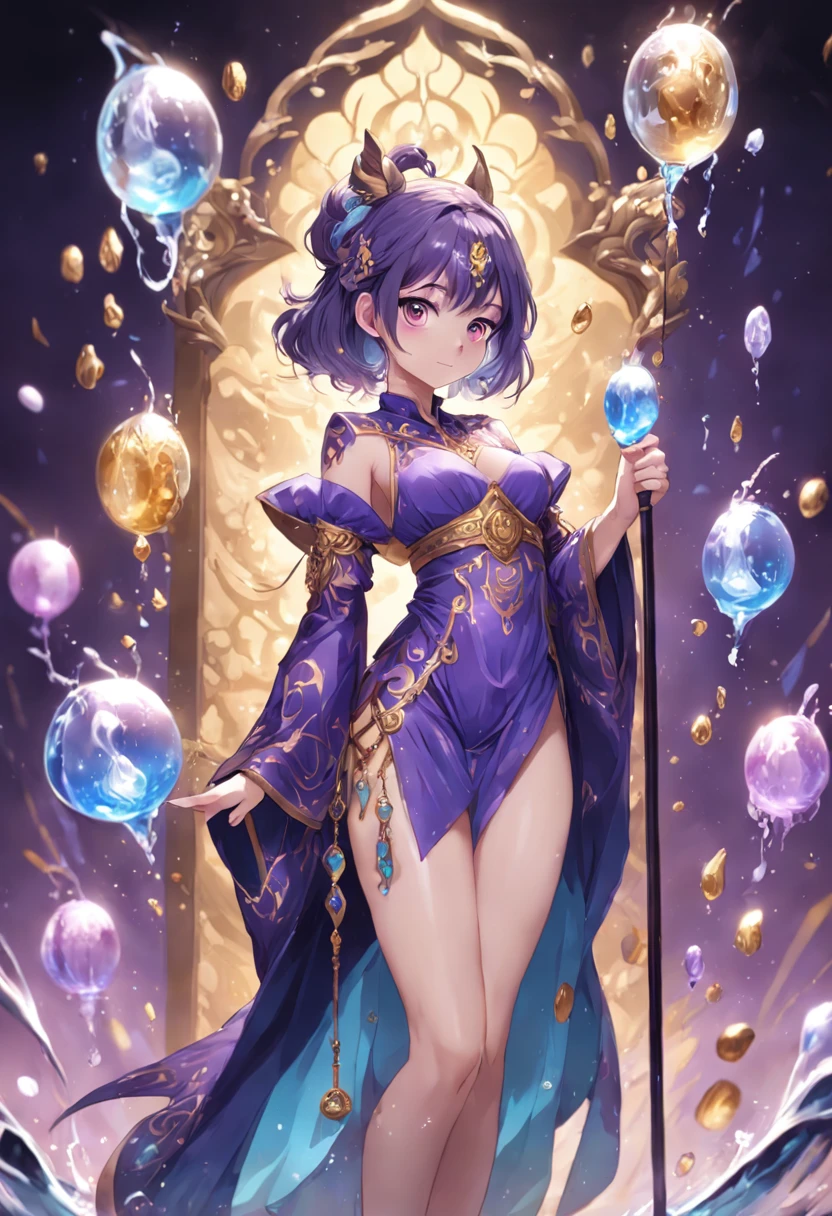 Game character standing drawing design，Full-fledged beauty magician，Mask with intricate patterns，A gorgeous conservative purple robe wraps around the entire body，Hold a stout beer, Ornate staffs set with magical gemstones，Water magic，3 water balloons，The barefoot，Different layers overlay，Different angles，（full bodyesbian：1.4），solid color backdrop，clean backdrop，depth of fields，high light，Real light，Ray traching，oc rendered，Hyper-realistic，best qualtiy，8K，Works of masters，super-fine，Detailed pubic hair，Correct anatomy，