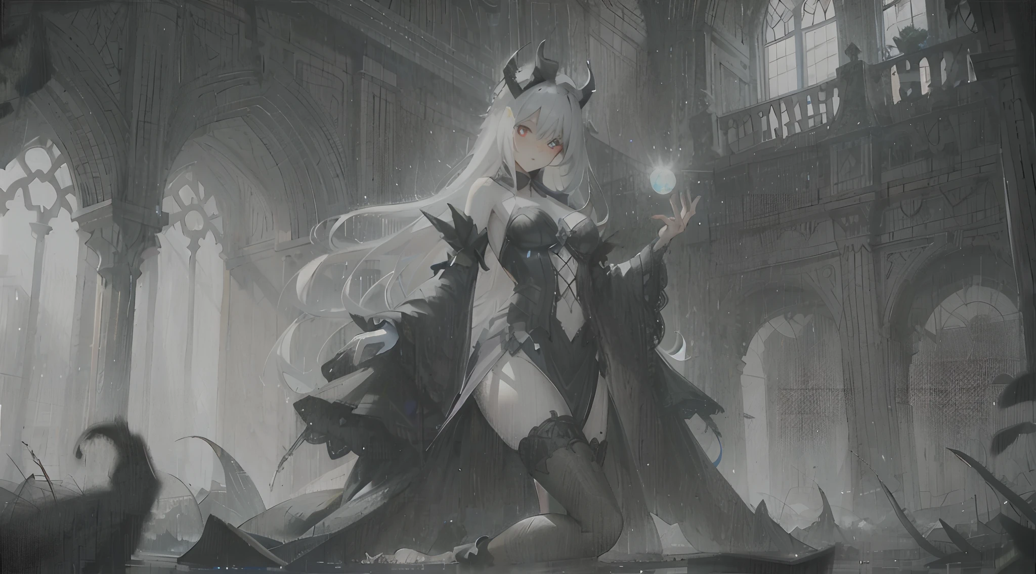 A close up of a woman in a black dress standing in a building - SeaArt AI
