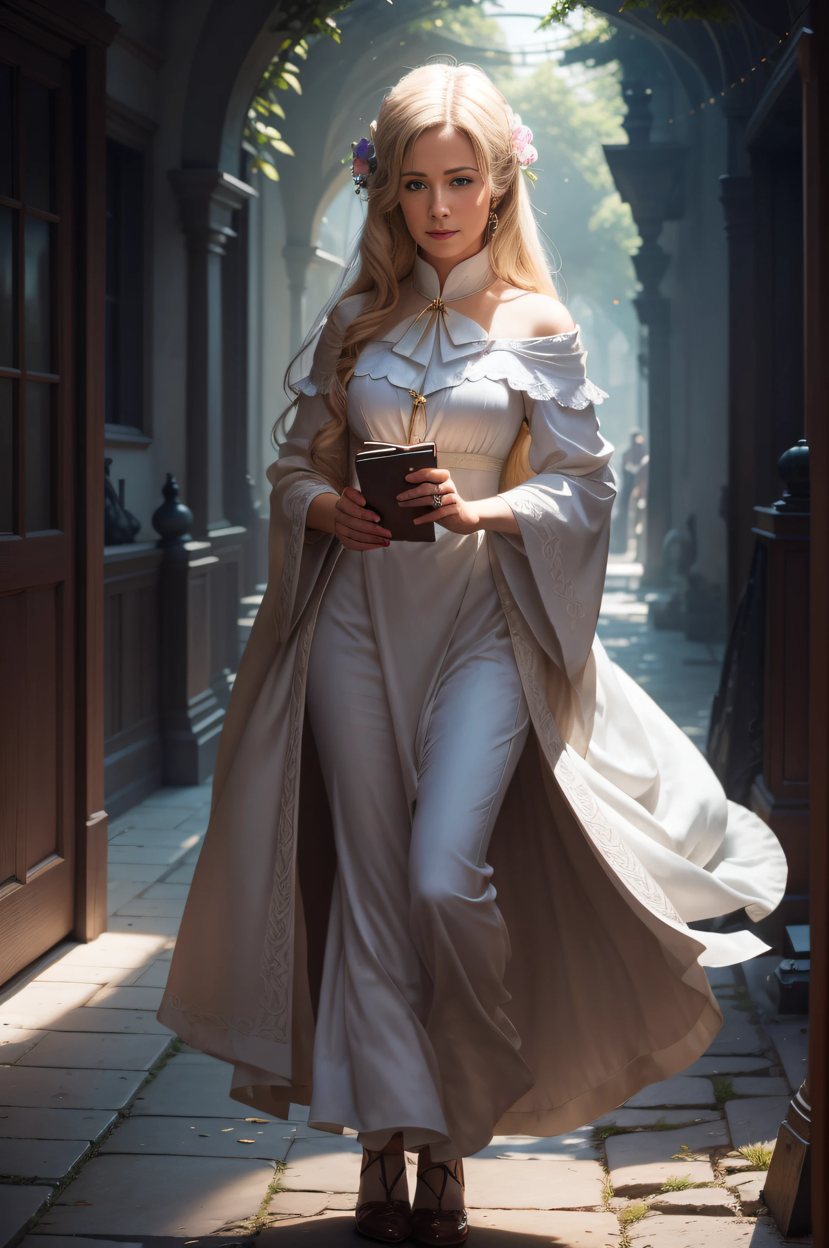 A woman in a long coat walks down the street, dressed as a clergyman, inspired by Magali Villeneuve, as a medieval fantasy character, fantasy character photo, beautiful fantasy maiden, Fantasy clothing, Elegant lady with alabaster skin, Beautiful Maiden, a beautiful woman in white, Fantasy genre portrait, in style of wlop, based on Edmund Leighton