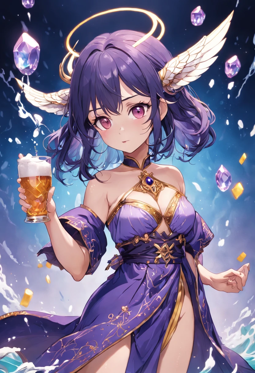 Card-style character standing drawing design,Full-fledged beauty magician,Mask with intricate patterns,A gorgeous conservative purple robe wraps around the entire body,Hold a stout beer, Ornate staffs set with magical gemstones,Water magic,3 water balloons,The barefoot,Different layers overlay,Different angles,(full bodyesbian:1.4),solid color backdrop,clean backdrop,depth of fields,high light,Real light,Ray traching,oc rendered,Hyper-realistic,best qualtiy,8K,Works of masters,super-fine,Detailed pubic hair,Correct anatomy,