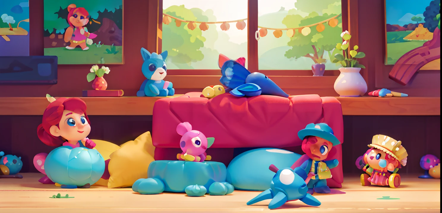 A wide variety of toys，cartoony，There are butterflies，There are paintings，Mother，inspired by Park Hua, The entire illustration scene，Don't show up characters
