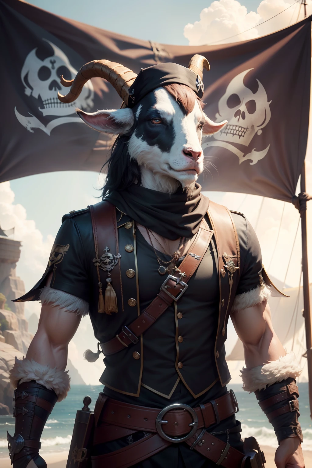 pirate, goat-face, pirate flag, Animal Anthropomorphism, realistic digital, humanoid, abstract background, global illumination, intricate, epic, dramatic, masterpiece, high detail, best quality, ultra high res
