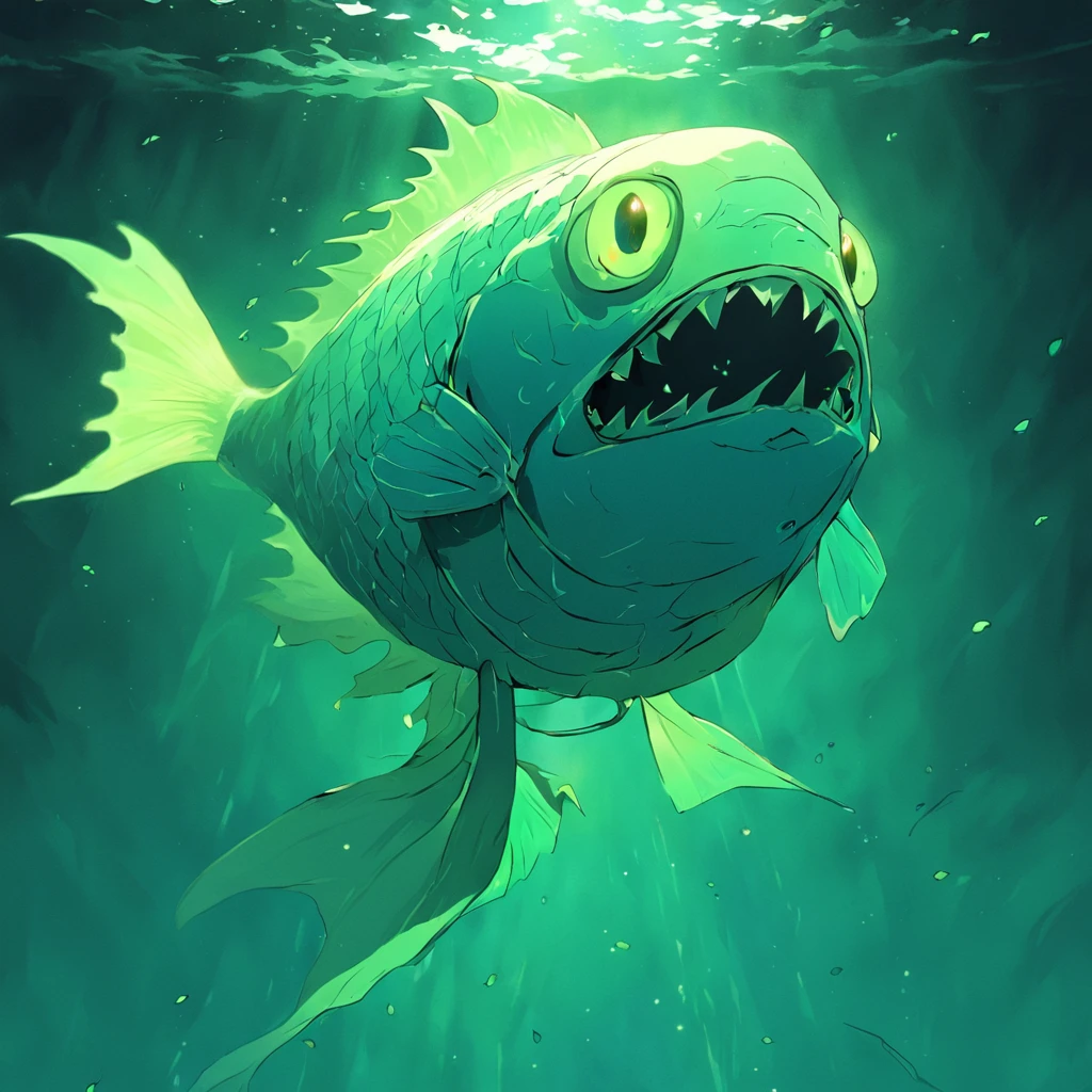 ghostly Fish with green scales blue fins and solid black eyes and fanged mouth, floating eerie lanterns, Masterpiece, Best Quality