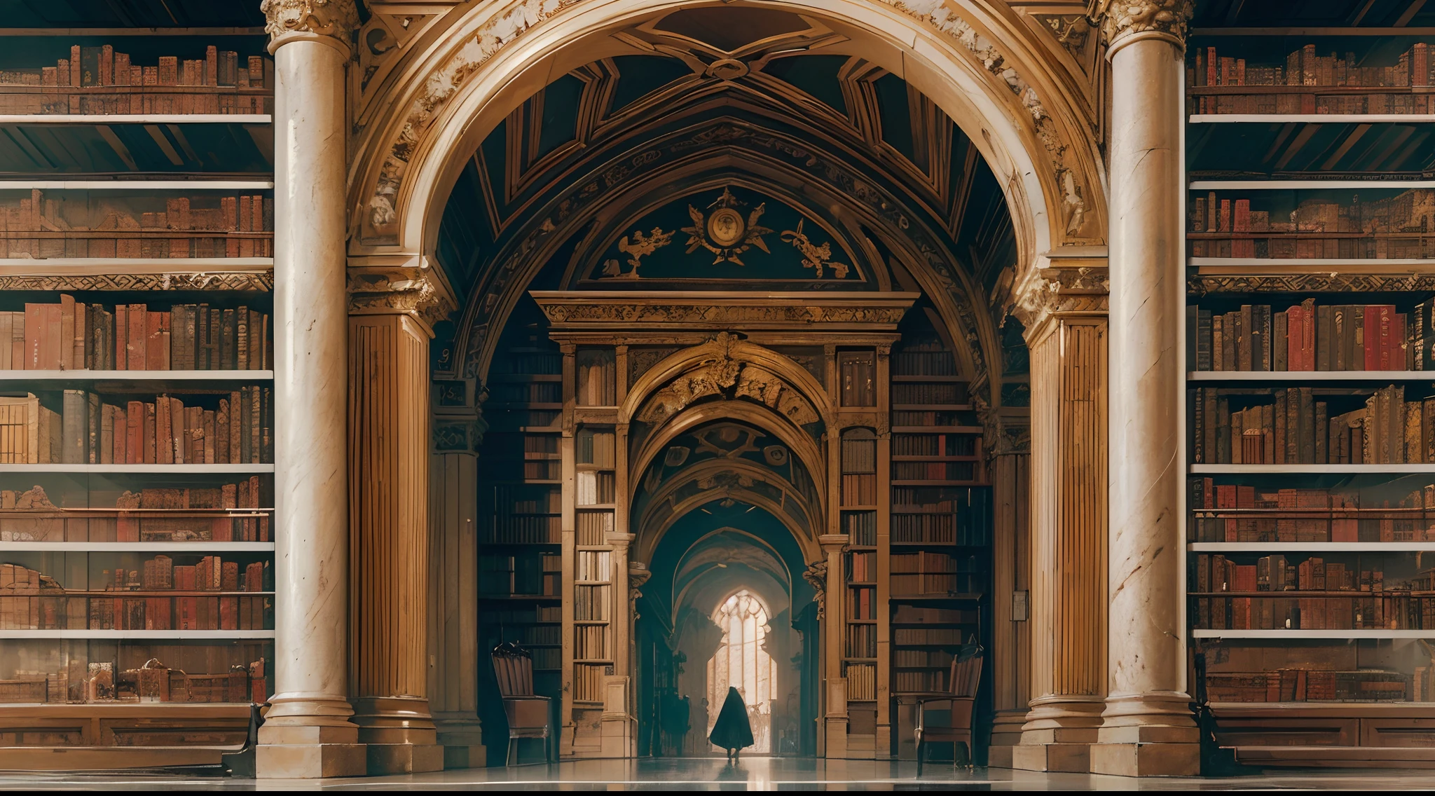 (by Greg Rutkowski: 1.2), ((no human)), fantasy, (massive bookshelf in a grand library), dynamic lighting, symmetrical angles shot, architectural, silent, vibrant atmosphere, sharp focus, (photorealism: 1.4), (intricate: 1.4) (masterpiece: 1.4) (illustration: 1.4), post-processing, 8k resolution.