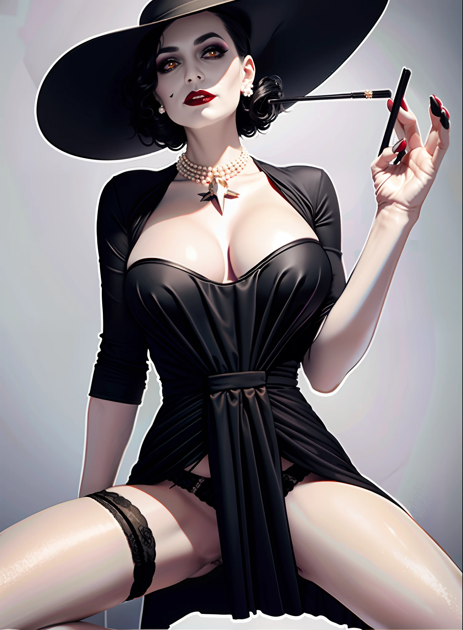 best quality, masterpiece,
(1mom, big-vampire-mommy, Alcina-Dimitrescu:1.05), 1girl, solo, breasts, large breasts, black_hair, gloves, hat, sun_hat, dress, white dress, long dress, cleavage, jewelry, earrings, mature female, (pale_skin:1.1), yellow eyes, (makeup:1.1), pearl necklace, (black flower:1.05), looking at viewer, simple background,spread legs, panties, bridal garter, garter_belt,