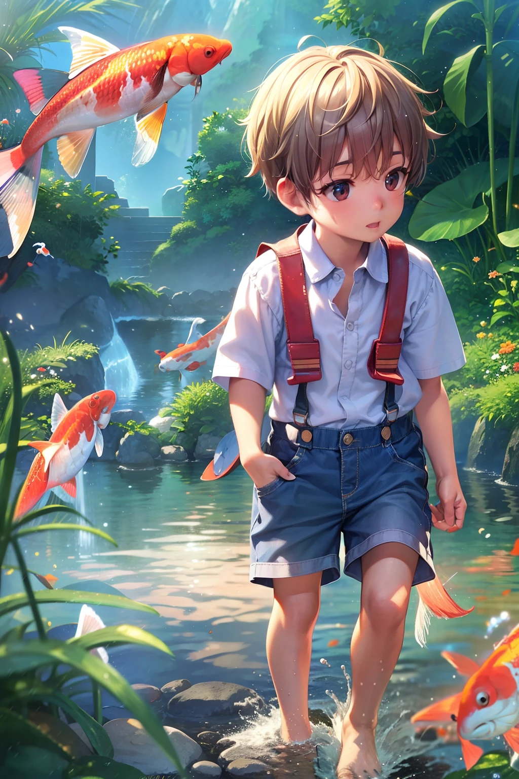 A swimming in the sea with a koi in his arms,short detailed hair,Denim suspenders,The barefoot,depth of fields,high light,Real light,Ray traching,oc rendered,Hyper-realistic,best qualtiy,8K,Works of masters,super-fine,Detailed pubic hair,Correct anatomy,sharp focus on eyes,Bokeh,Facial features are carefully depicted