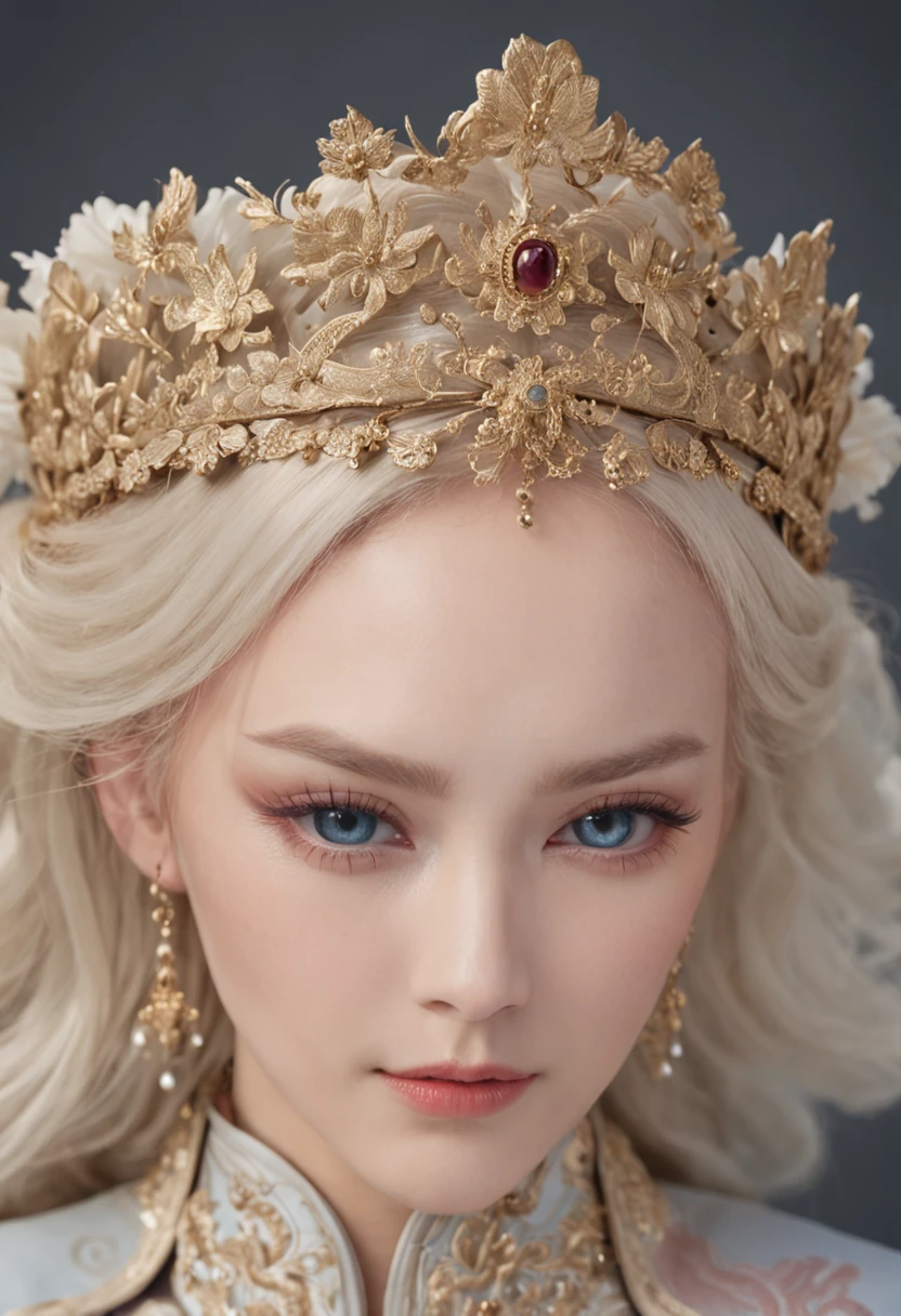 The majesty of the female emperor rules the entire territory,Gorgeous and elegant clothes bring out her noble temperament,The blue eyes revealed a touch of indifference and determination,Blonde hair shines with the brilliance of power,Like a ruthless and charismatic female emperor。