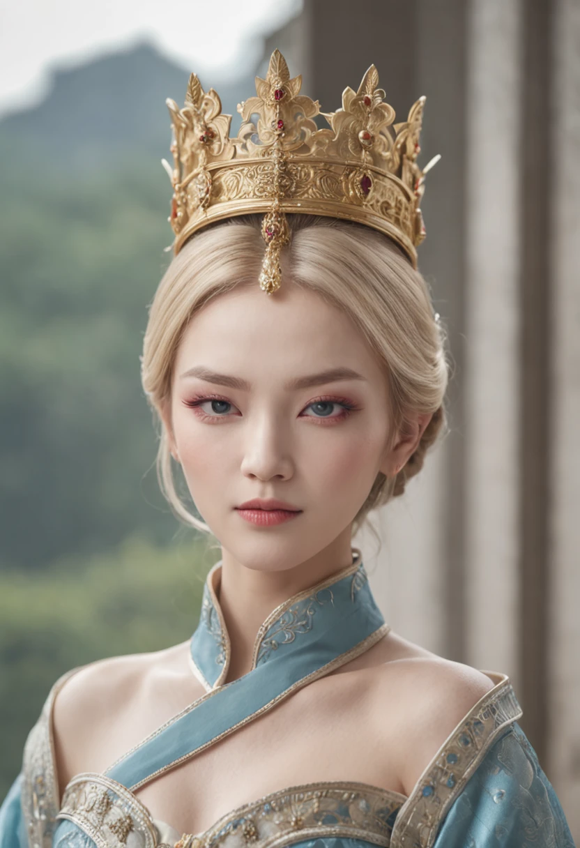 The majesty of the female emperor rules the entire territory,Gorgeous and elegant clothes bring out her noble temperament,The blue eyes revealed a touch of indifference and determination,Blonde hair shines with the brilliance of power,Like a ruthless and charismatic female emperor。
