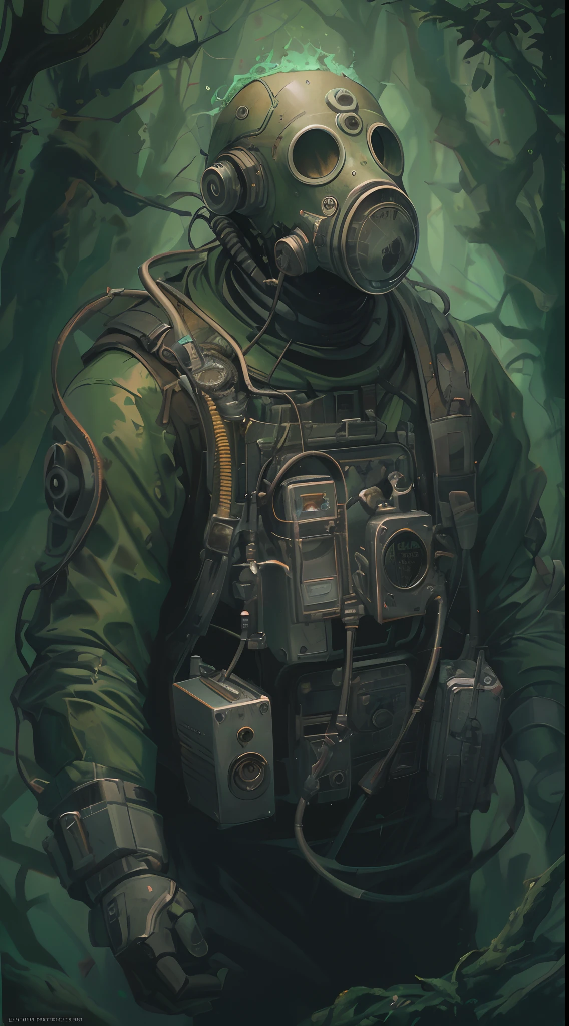 Amazing anatomy, (Fantastic Horror Perfect art, 64K Ultra HD: 1.1), (art by apterus, Art by Dan Mumford, The art of lovecraft: 1.2), Best quality, CGSesociety, humanoid creature, Gas mask with a fuse on the head, nuclear fallout, Dark, Dark, green glow, Hop Forest