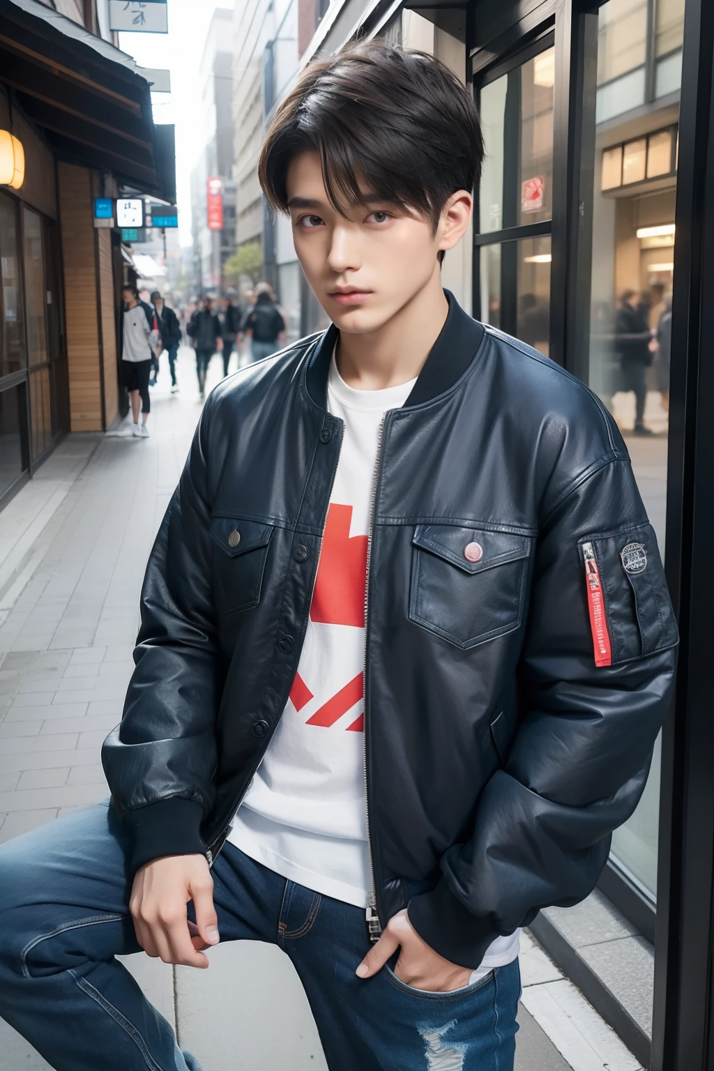Portrait of 20 year old Japan male street style hair catalog magazine。 For a lightweight bomber jacket suitable for spring and summer、Matching graphic t-shirt。Coordinate with ripped jeans and high-top sneakers。The hair is textured with a messy top、The side is faded。