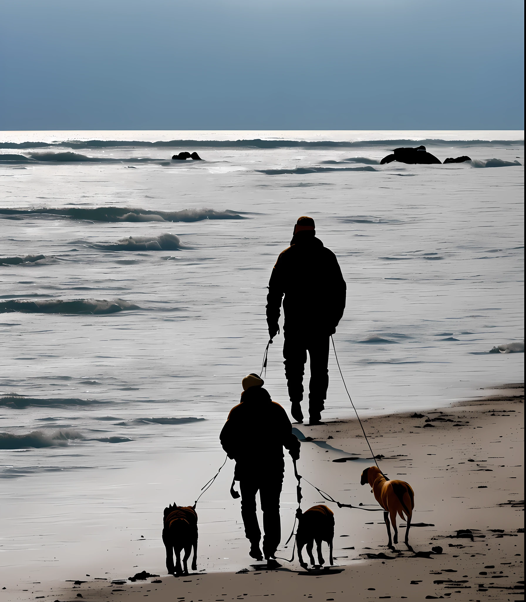 The back of a man leading a dog for a walk by the beach on a rainy day