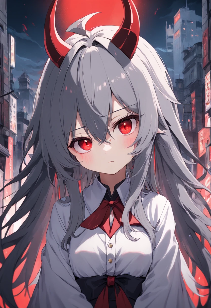 Dull hair, gray hair，Red eyes，long whitr hair，demonic horns，Broken sailor suit，Girl body type，Very cute，There are tears in the eyes，There are demon wings behind it，There was a little blood on his body，8K，No missing hands，Look into the camera，Empty eyes，Dynamic，Background of destroyed cities